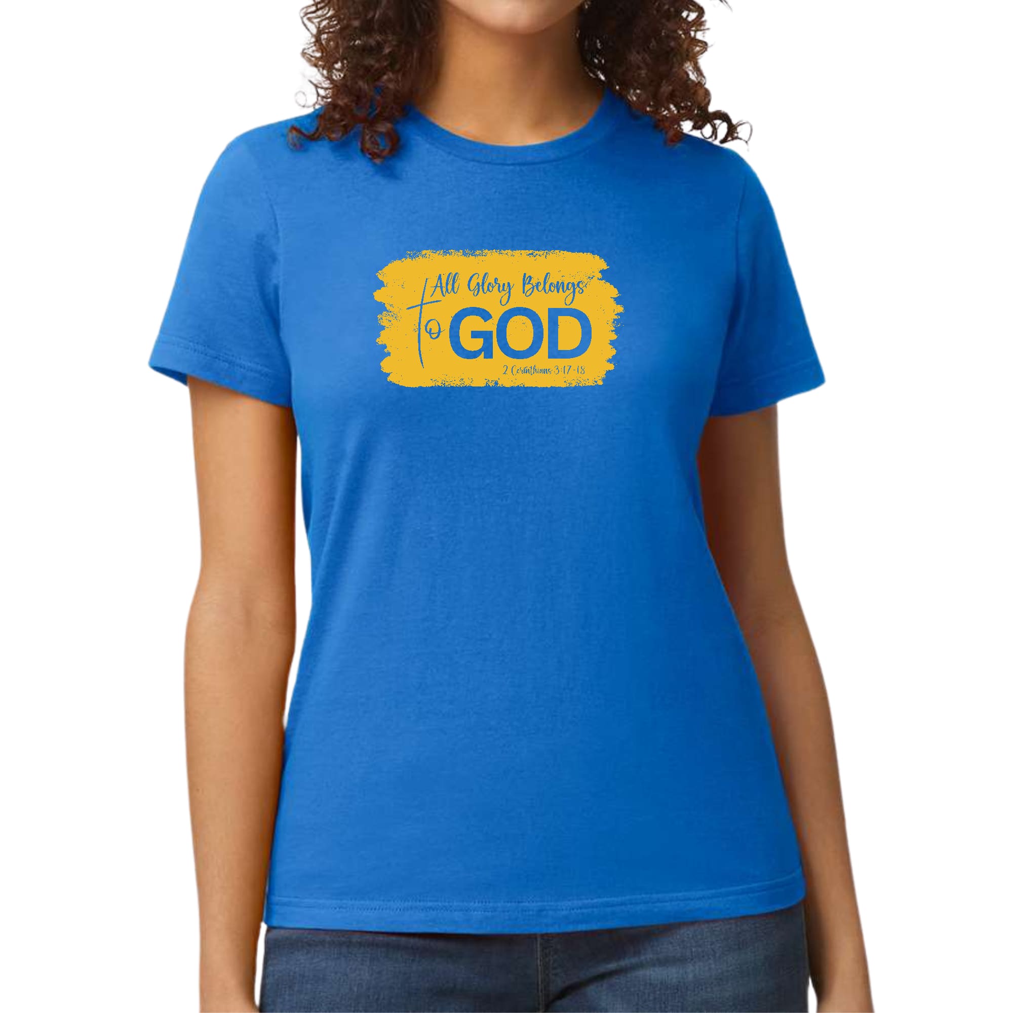 Womens Graphic T-shirt, All Glory Belongs to God, Golden Yellow-3