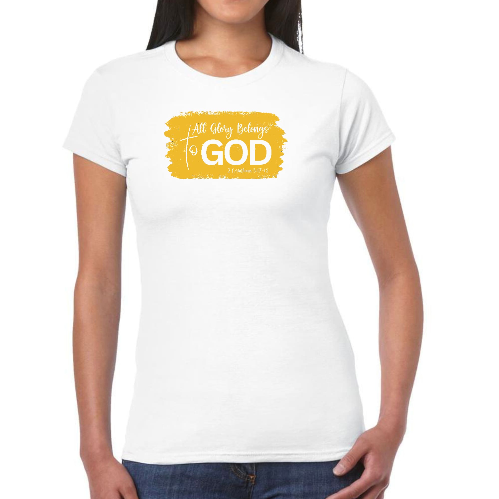 Womens Graphic T-shirt, All Glory Belongs to God, Golden Yellow-7