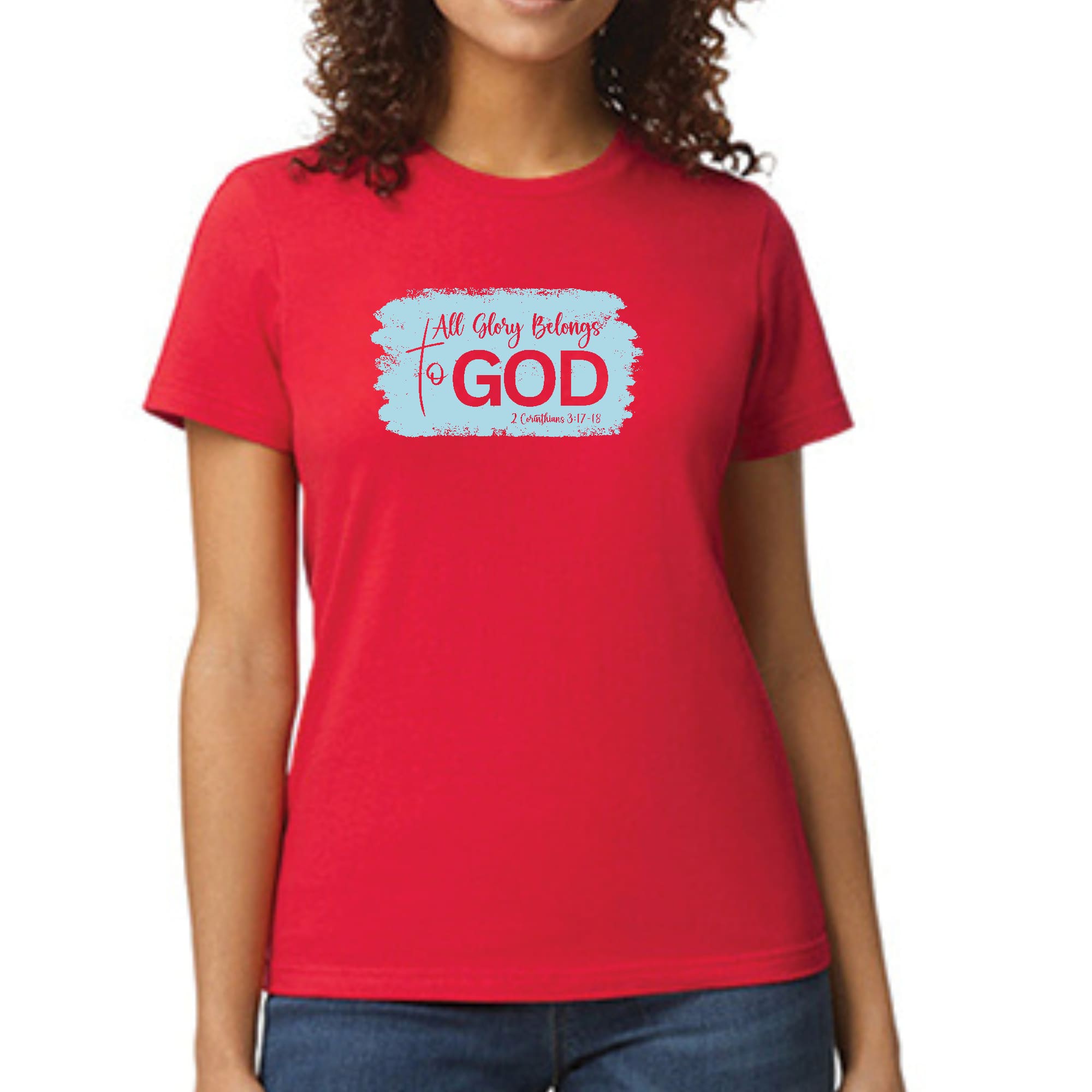 Womens Graphic T-shirt, All Glory Belongs to God, Light Blue-2