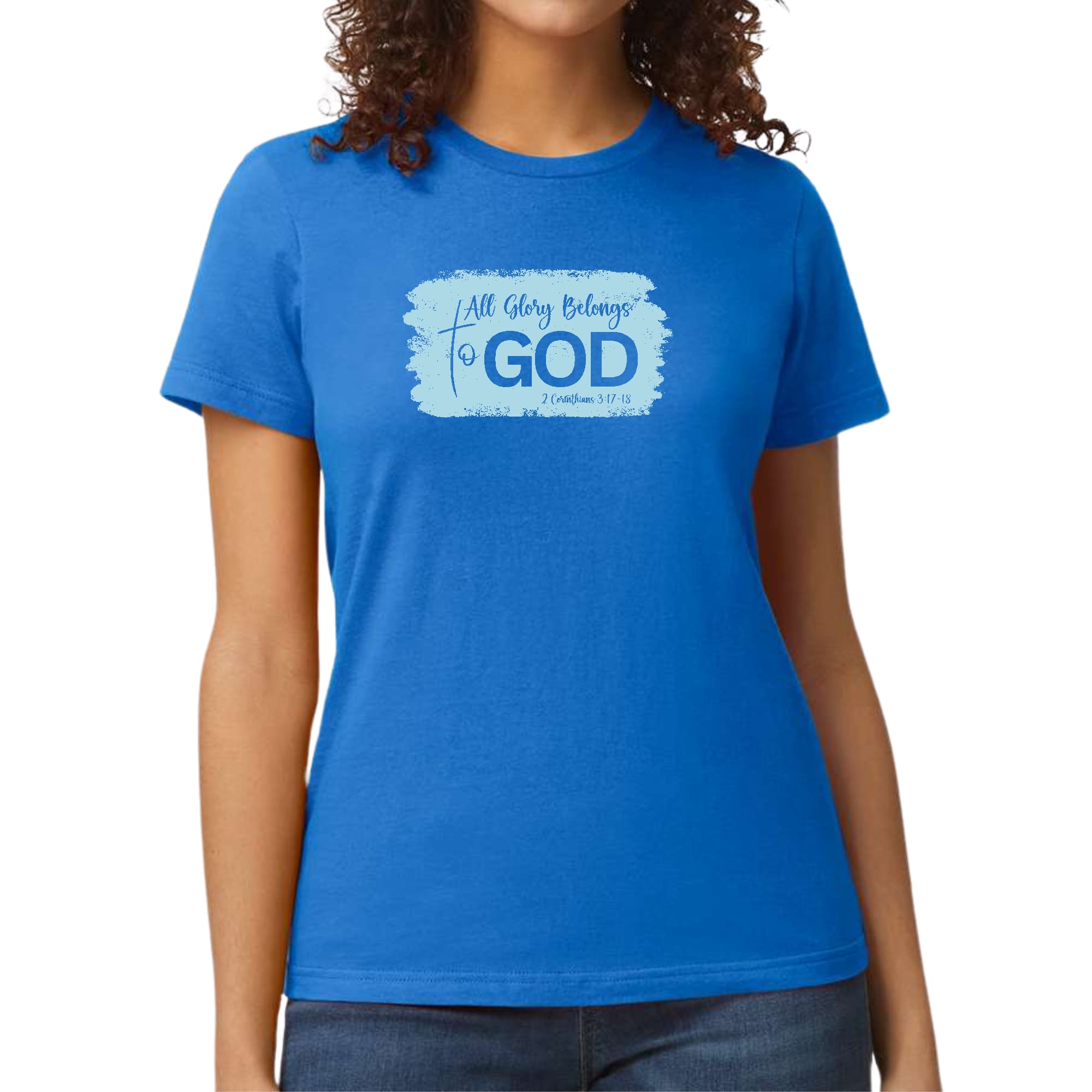 Womens Graphic T-shirt, All Glory Belongs to God, Light Blue-3