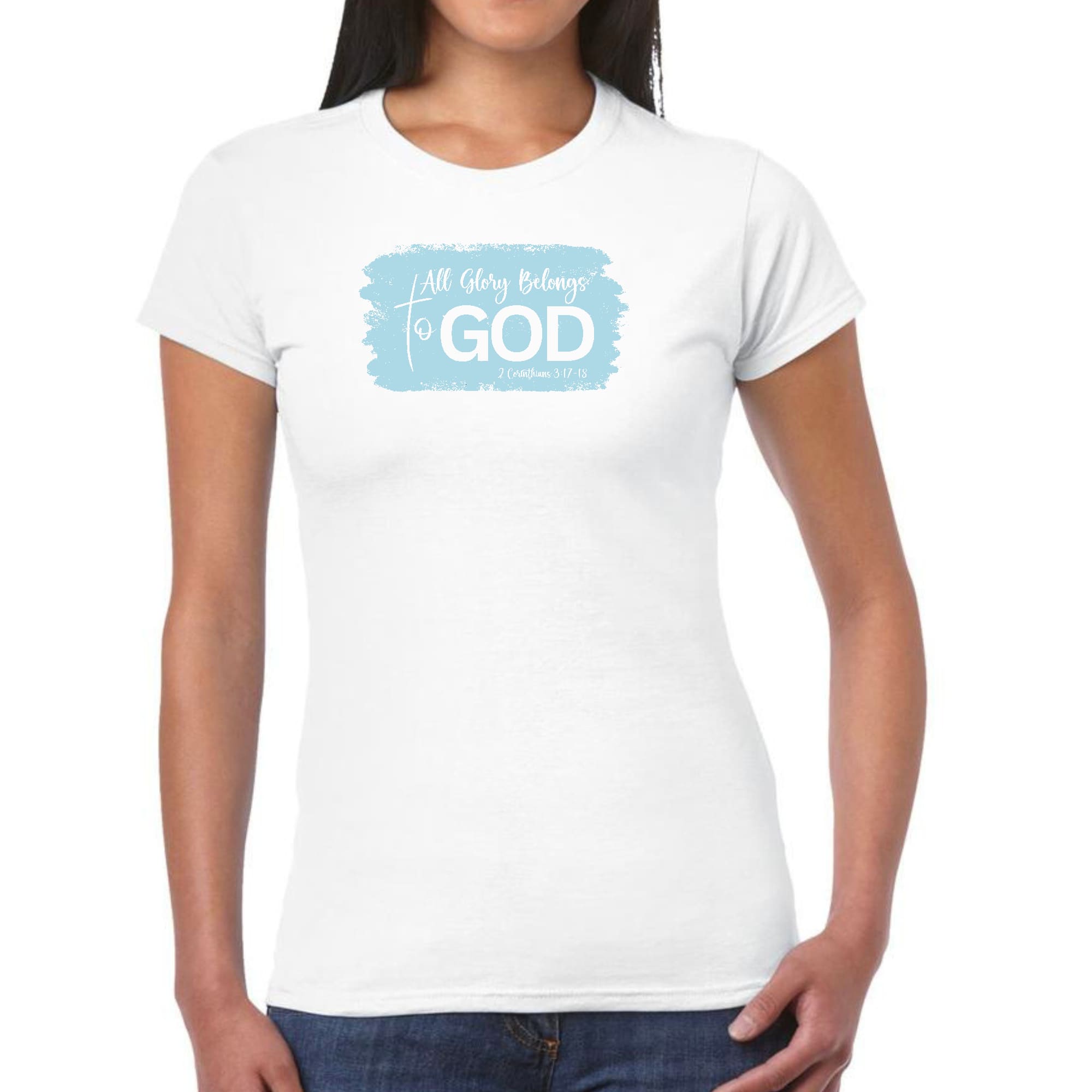 Womens Graphic T-shirt, All Glory Belongs to God, Light Blue-7