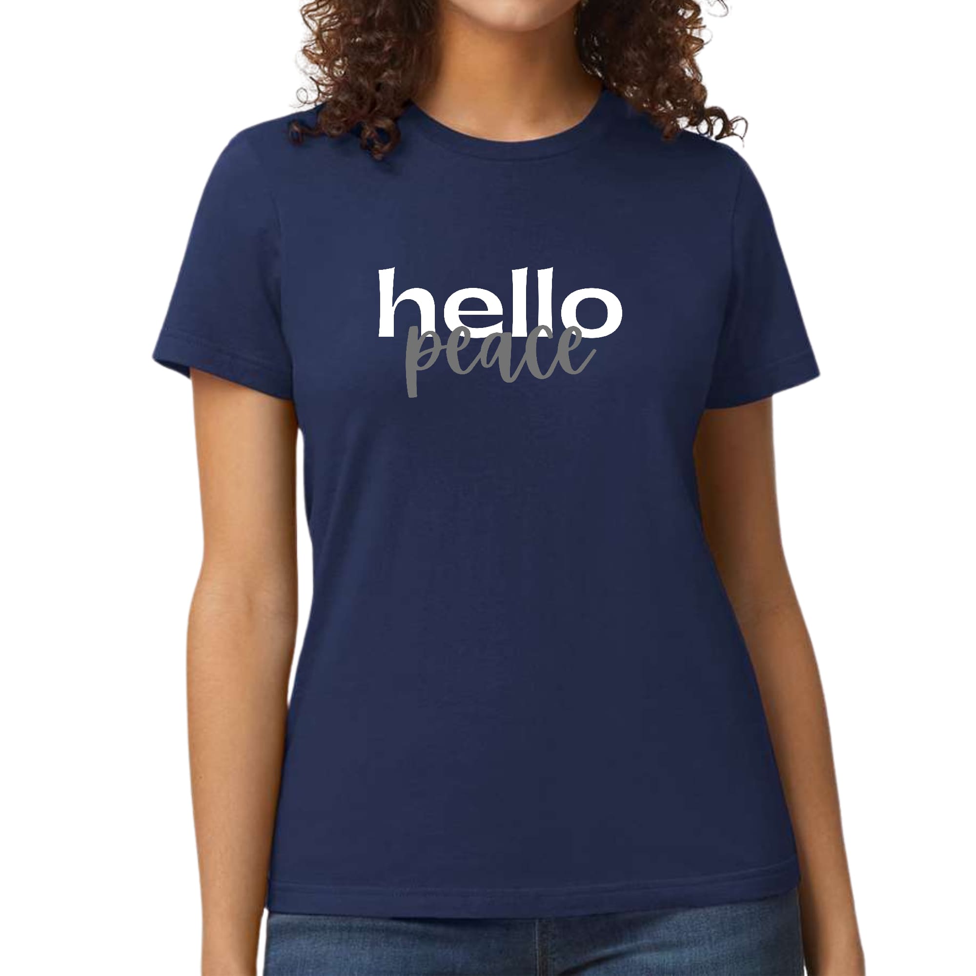 Womens Graphic T-shirt, Hello Peace White and Gray-1