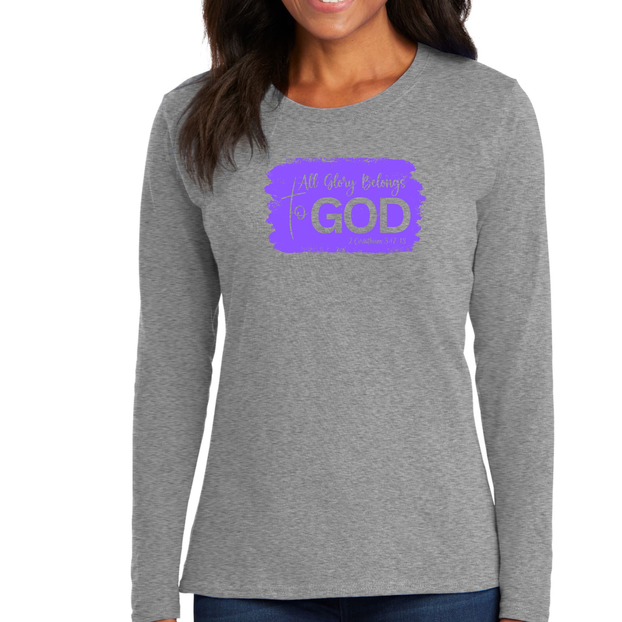 Womens Long Sleeve Graphic T-shirt, All Glory Belongs to God, Lavender-1