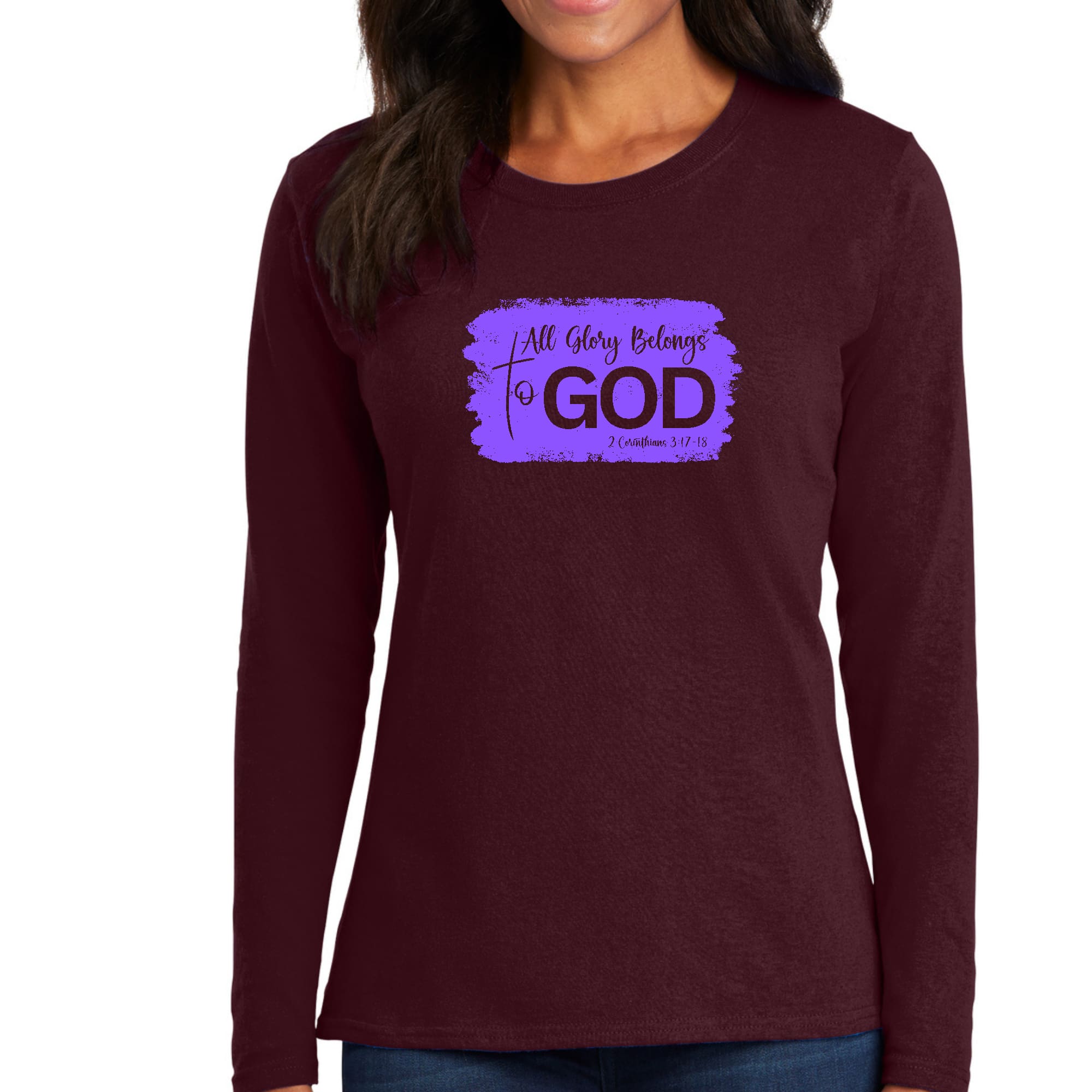 Womens Long Sleeve Graphic T-shirt, All Glory Belongs to God, Lavender-7