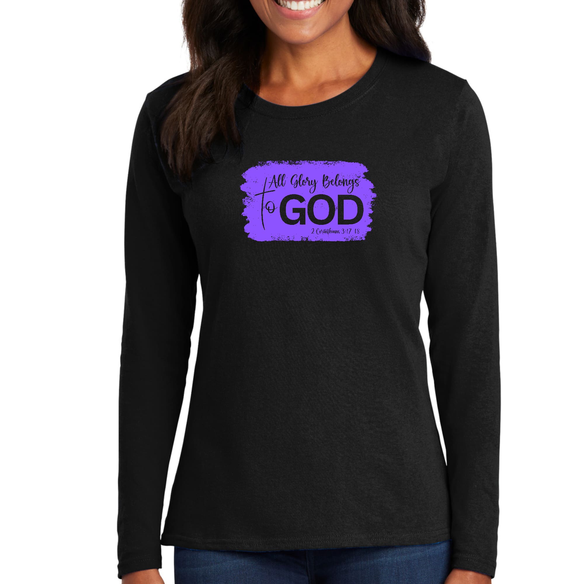 Womens Long Sleeve Graphic T-shirt, All Glory Belongs to God, Lavender-2