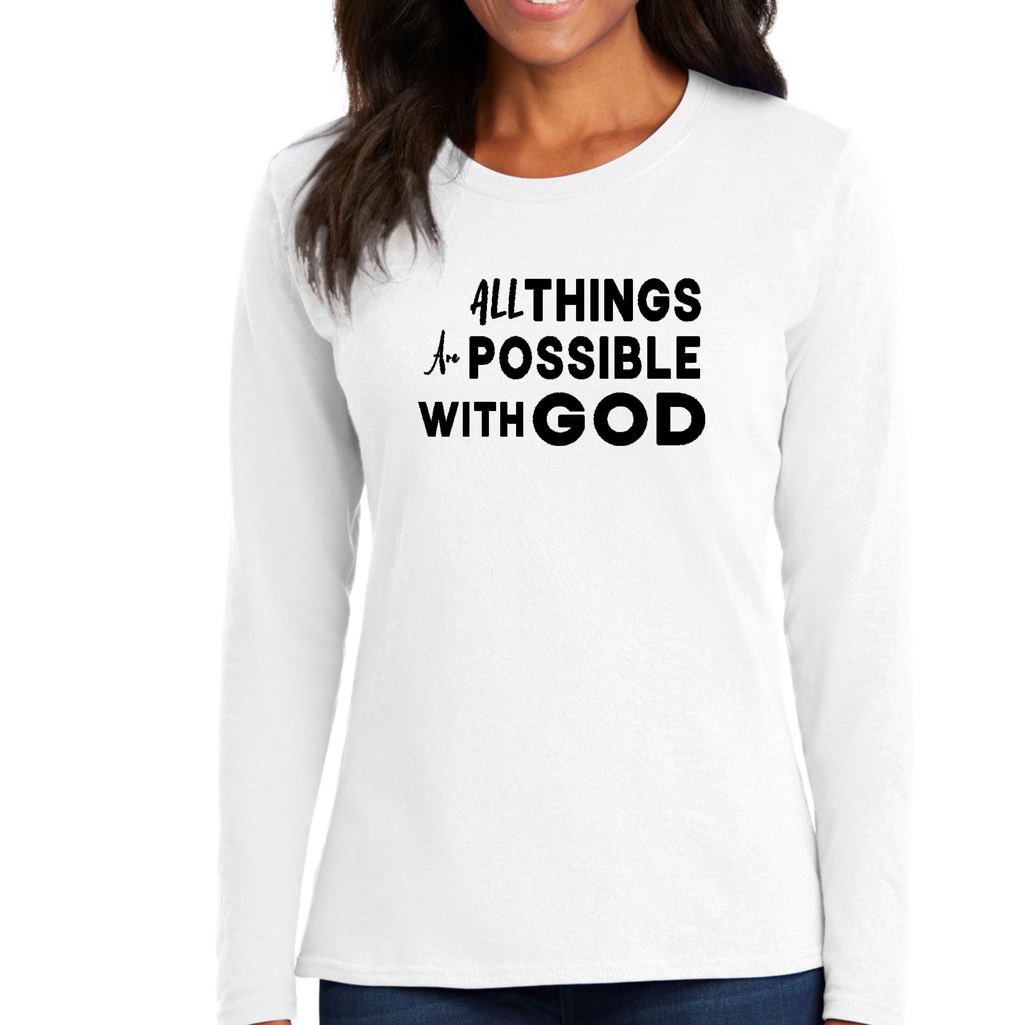 Womens Long Sleeve Graphic T-shirt, All Things are Possible with God-0