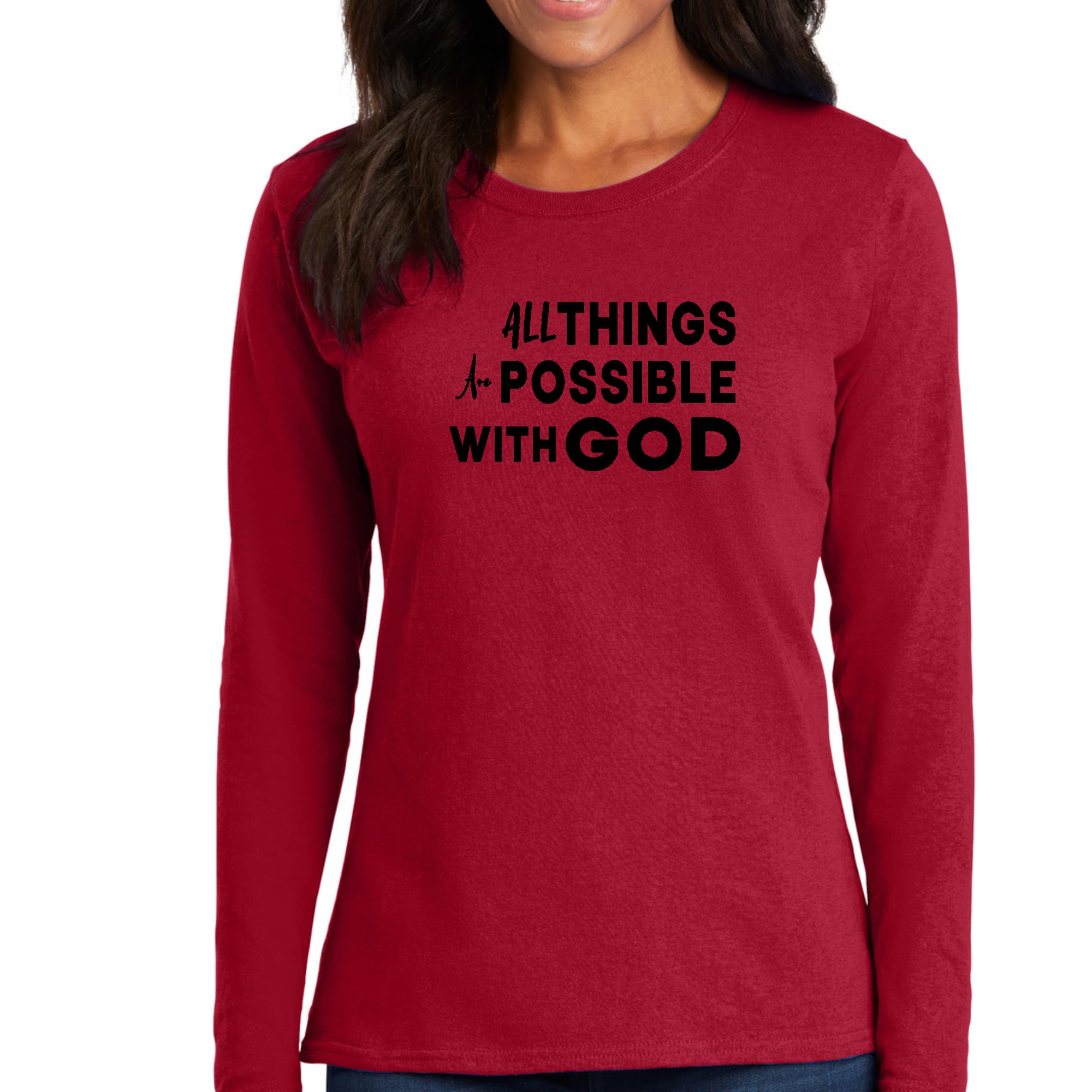 Womens Long Sleeve Graphic T-shirt, All Things are Possible with God-1