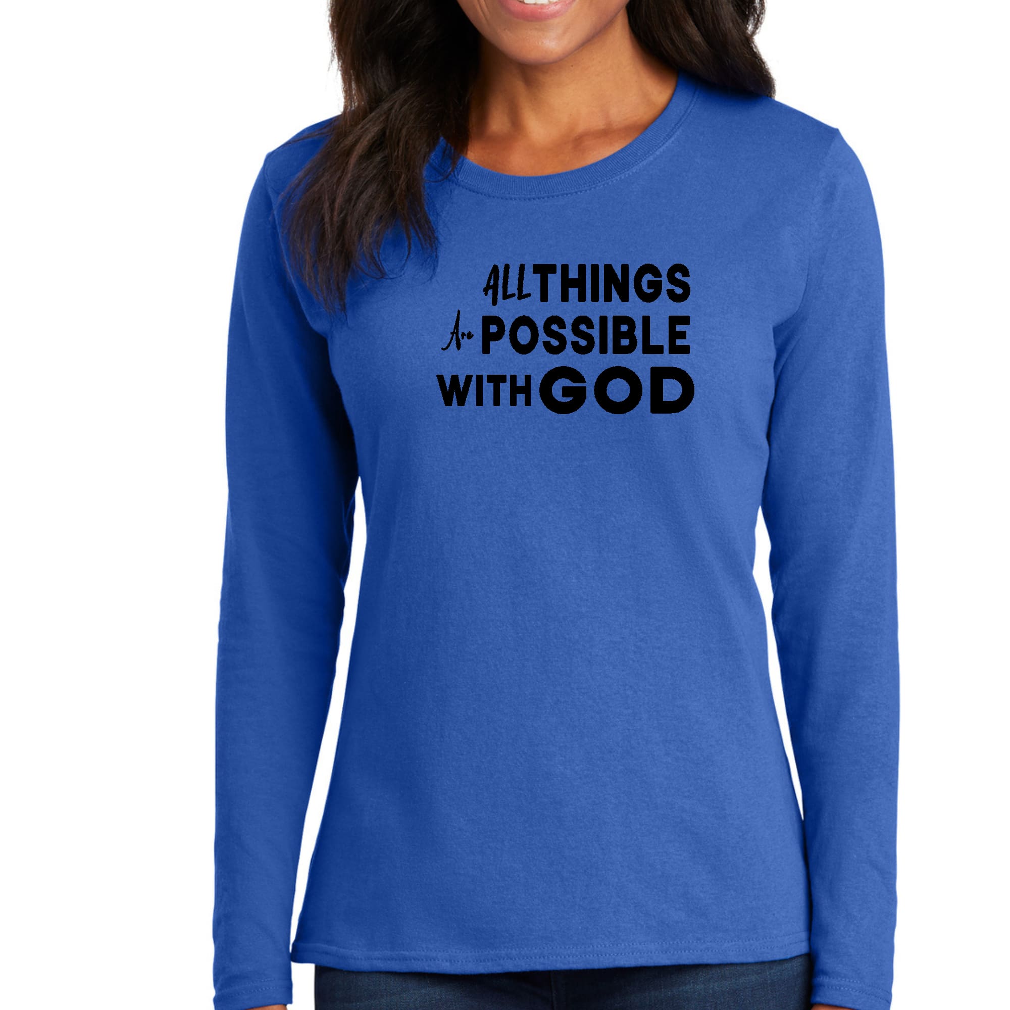 Womens Long Sleeve Graphic T-shirt, All Things are Possible with God-2