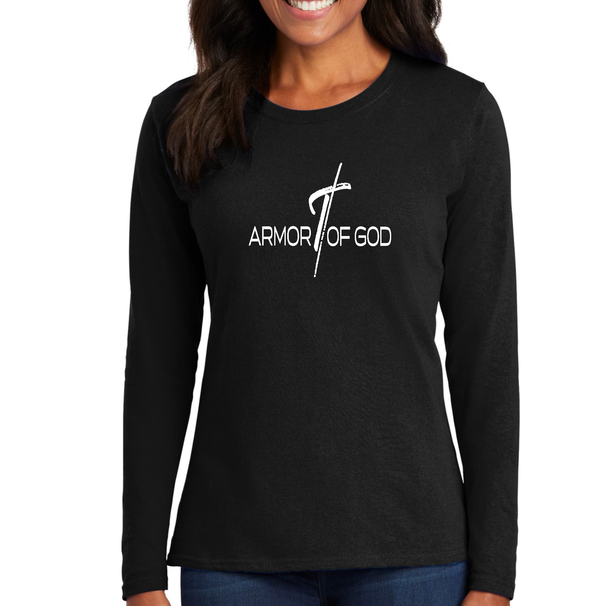 Womens Long Sleeve Graphic T-shirt, Armor of God Cross-0