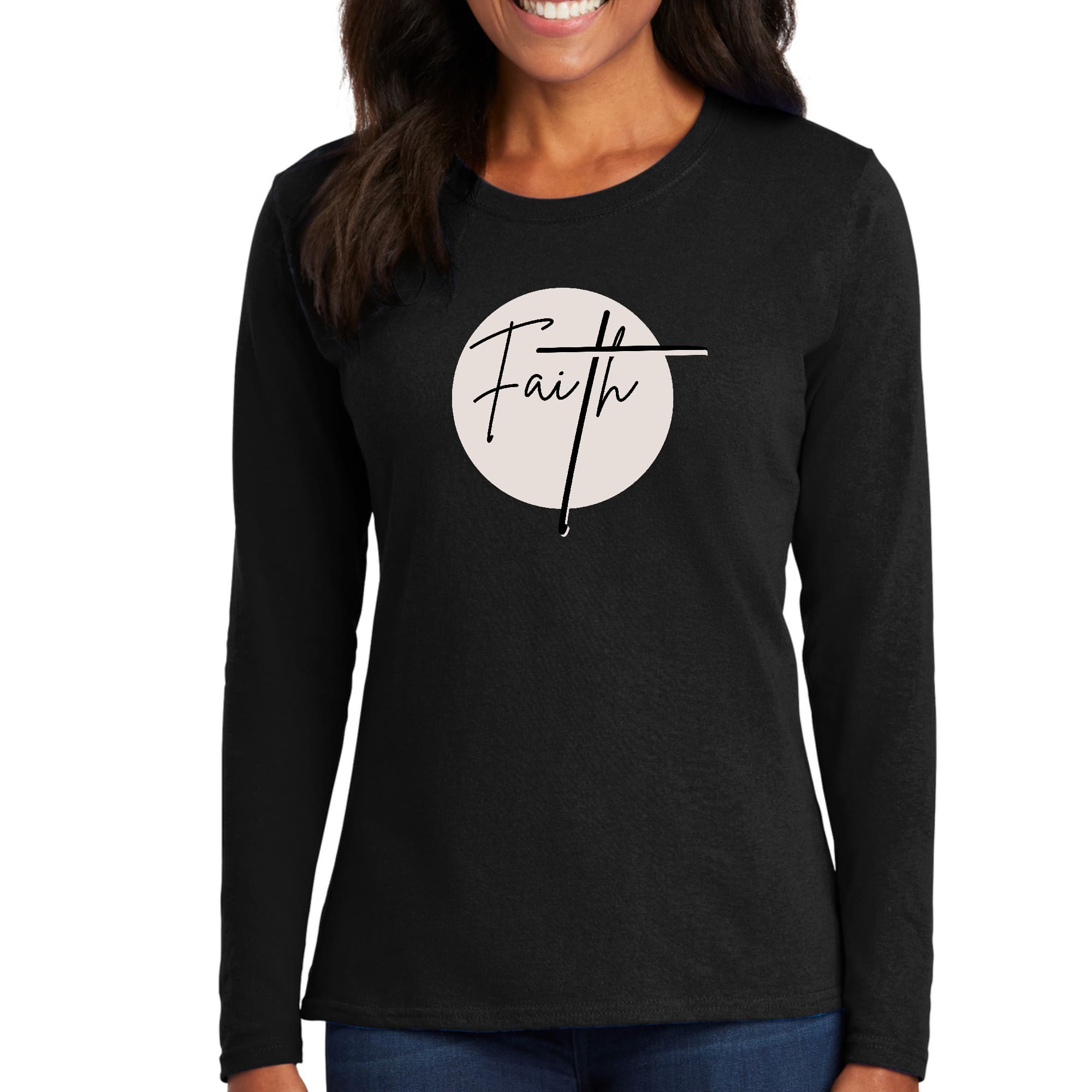 Womens Long Sleeve Graphic T-shirt, Faith Print-0