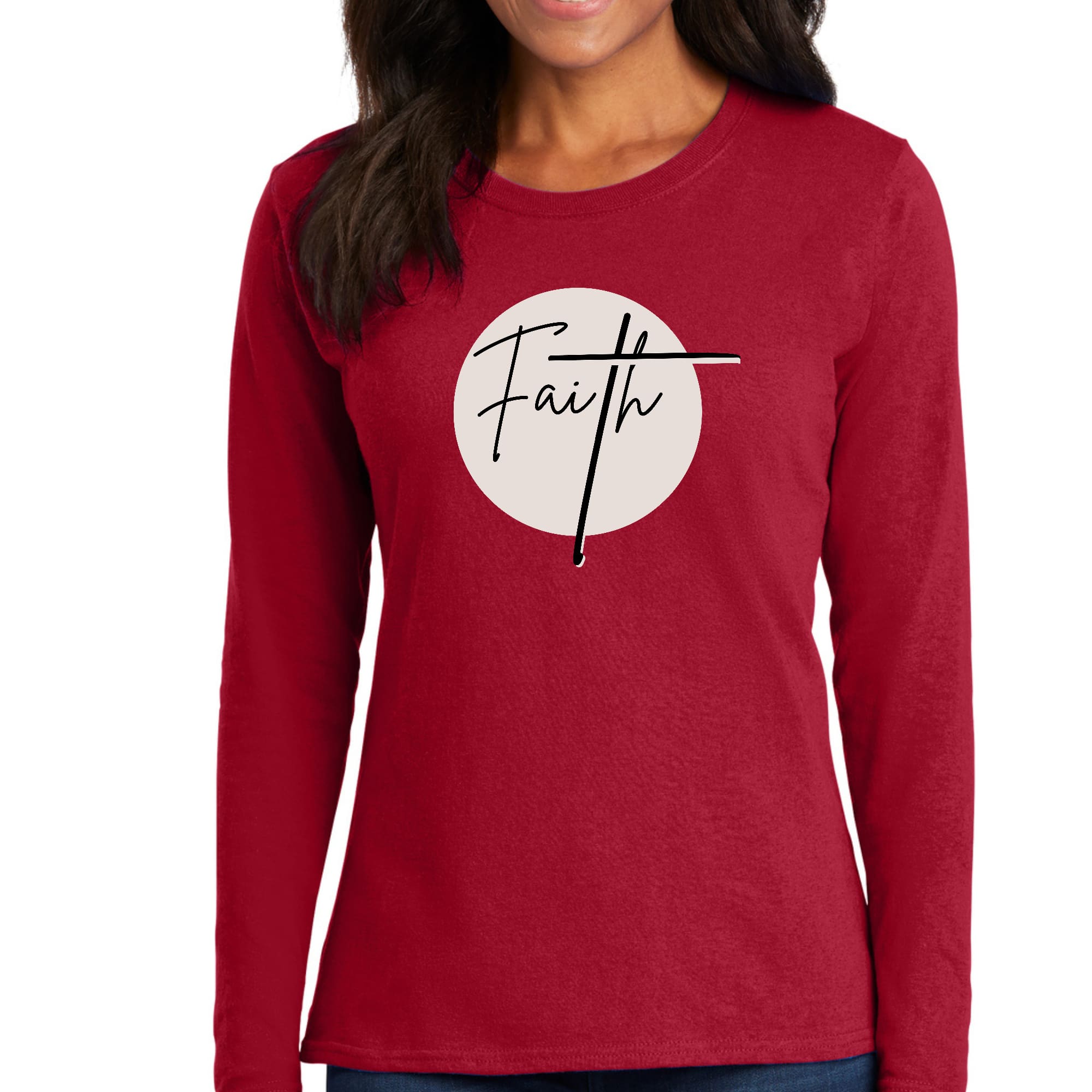 Womens Long Sleeve Graphic T-shirt, Faith Print-1