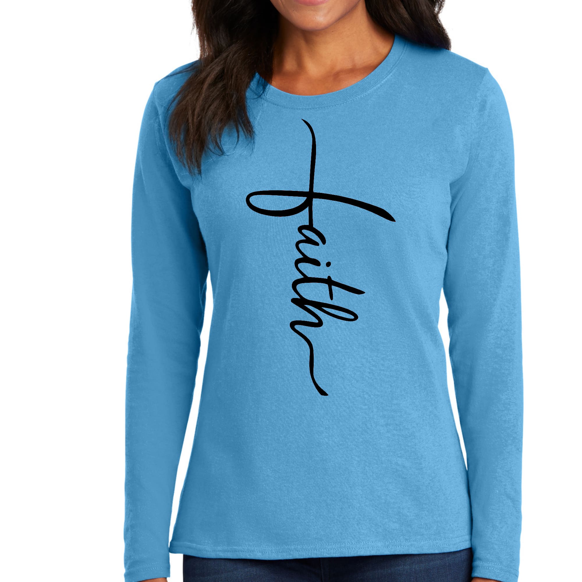 Womens Long Sleeve Graphic T-shirt, Faith Script Cross Black-3