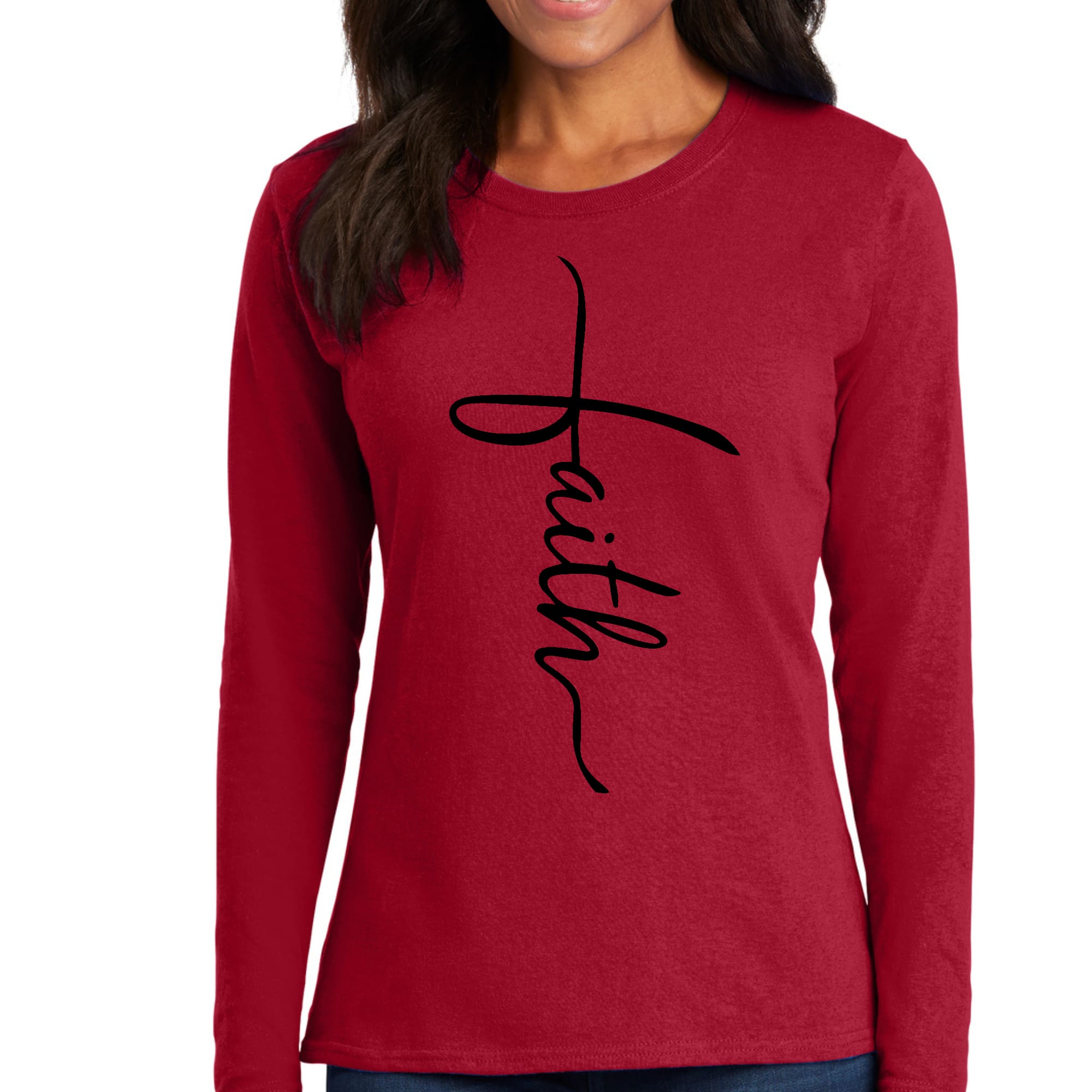 Womens Long Sleeve Graphic T-shirt, Faith Script Cross Black-1