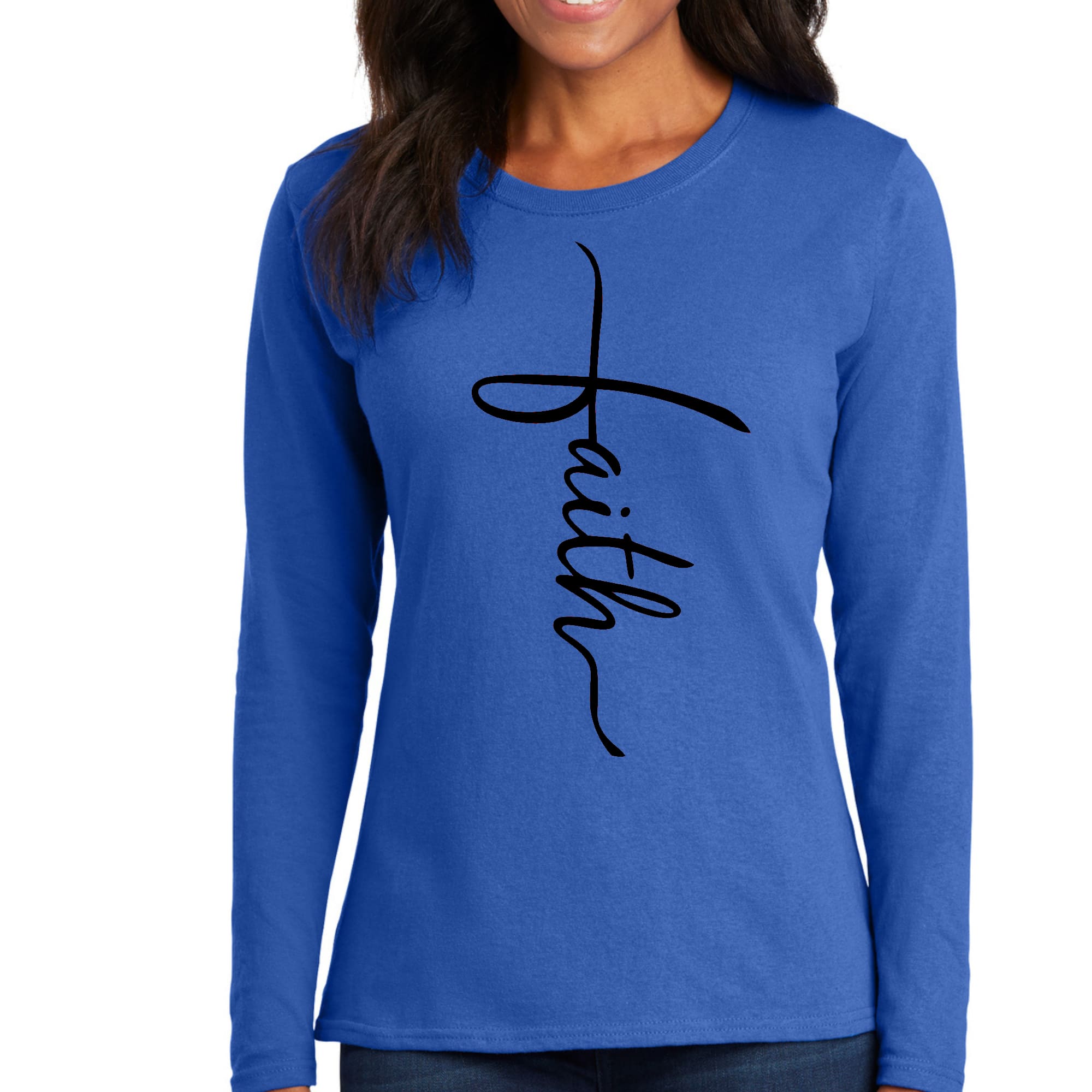 Womens Long Sleeve Graphic T-shirt, Faith Script Cross Black-2