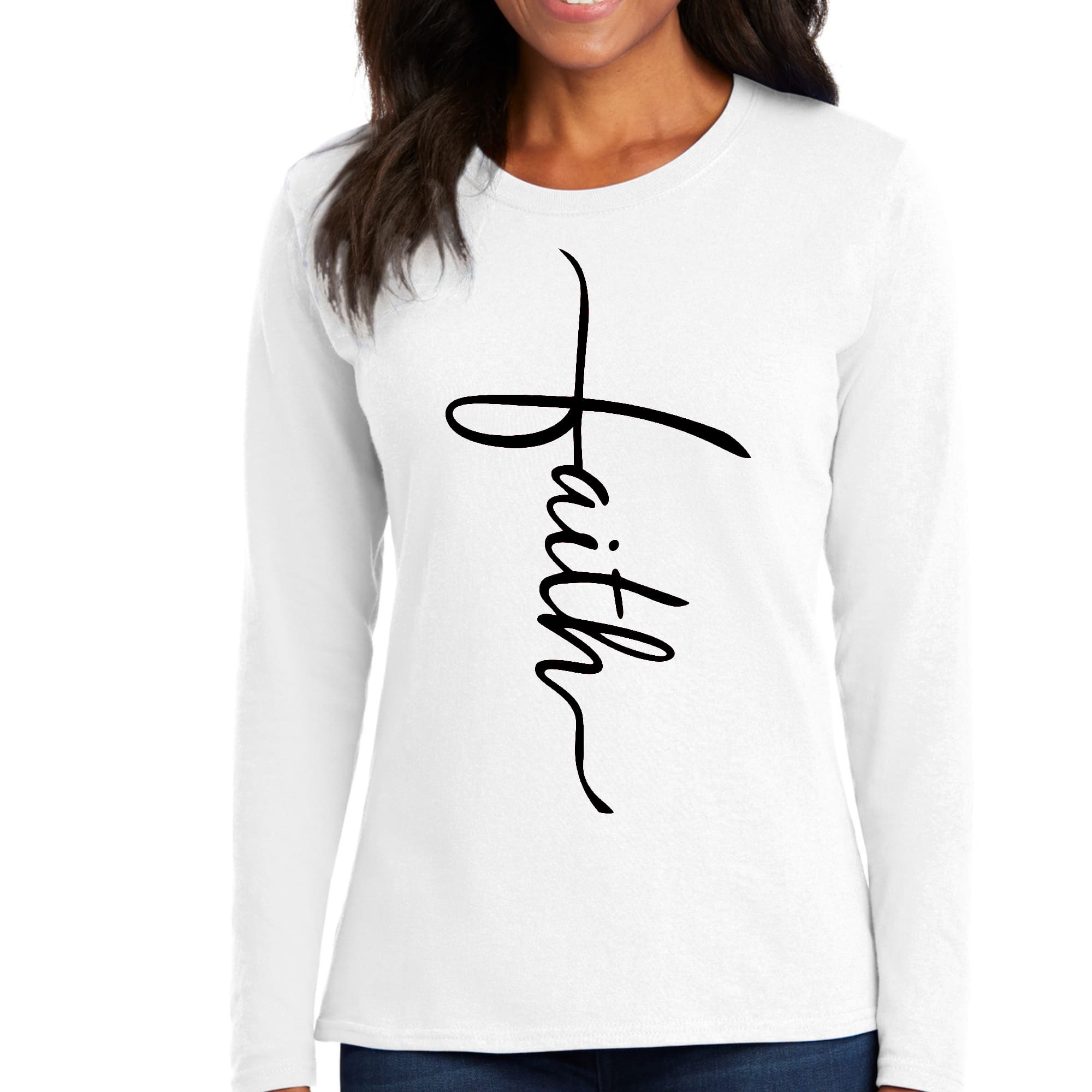 Womens Long Sleeve Graphic T-shirt, Faith Script Cross Black-0