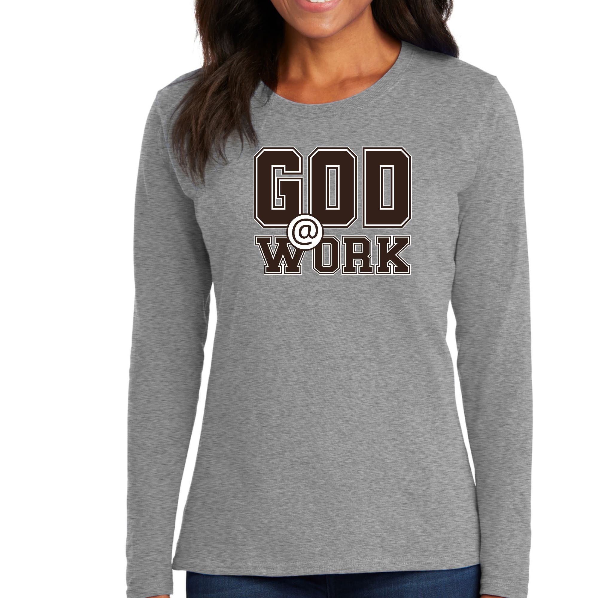 Womens Long Sleeve Graphic T-shirt, God @ Work Brown and White Print-1