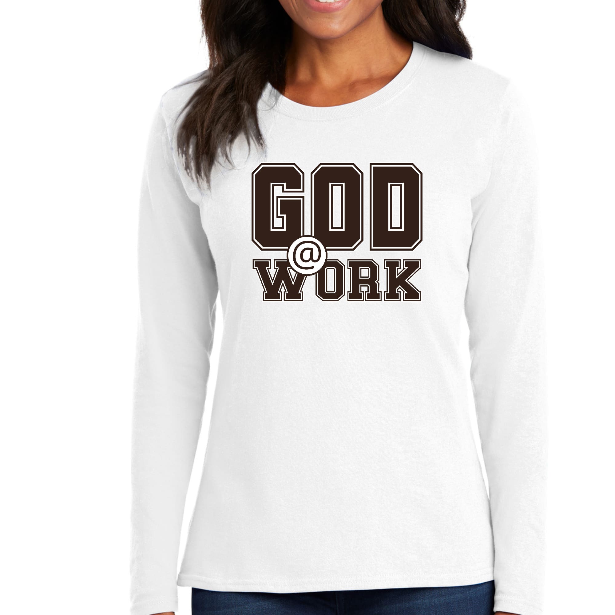 Womens Long Sleeve Graphic T-shirt, God @ Work Brown and White Print-0