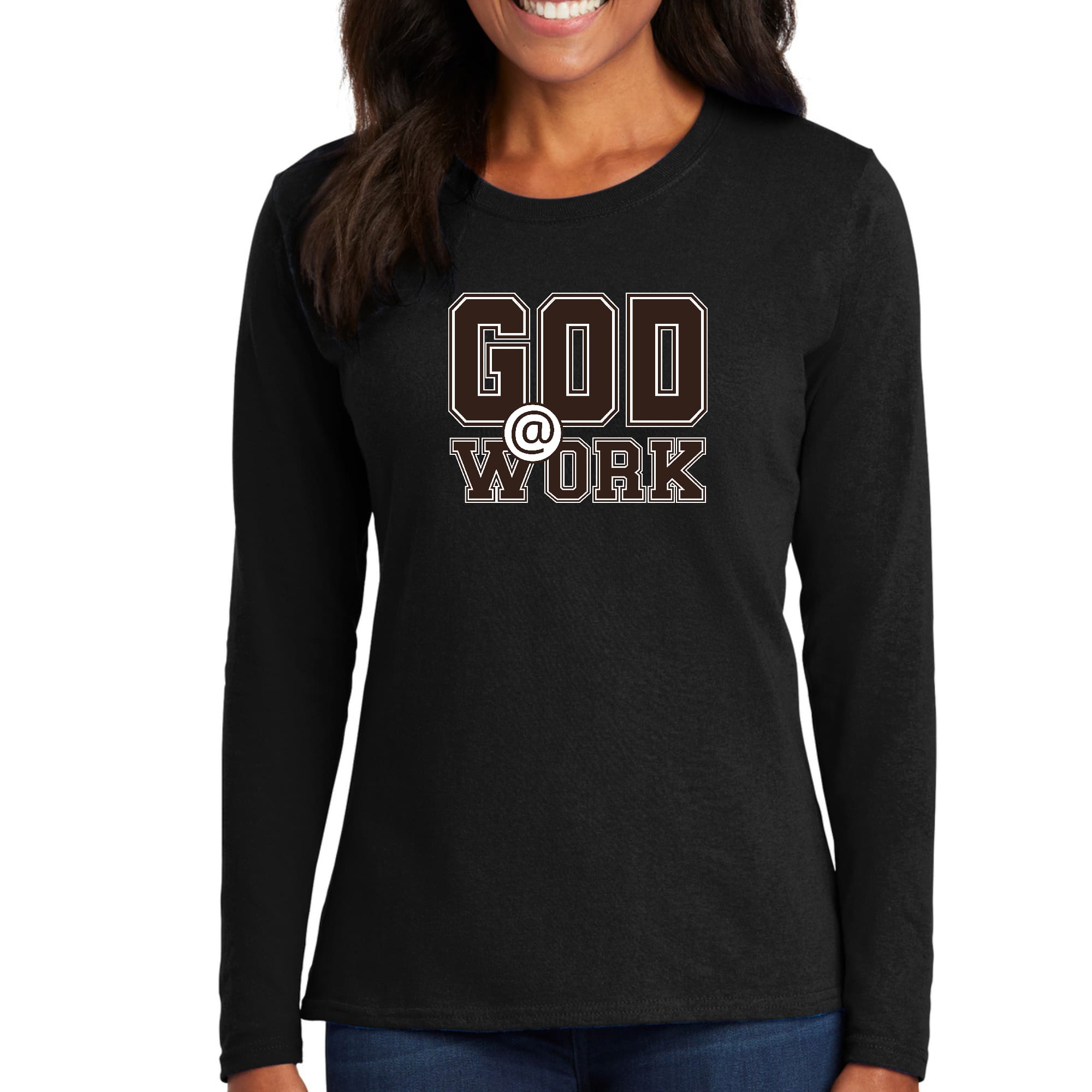 Womens Long Sleeve Graphic T-shirt, God @ Work Brown and White Print-2