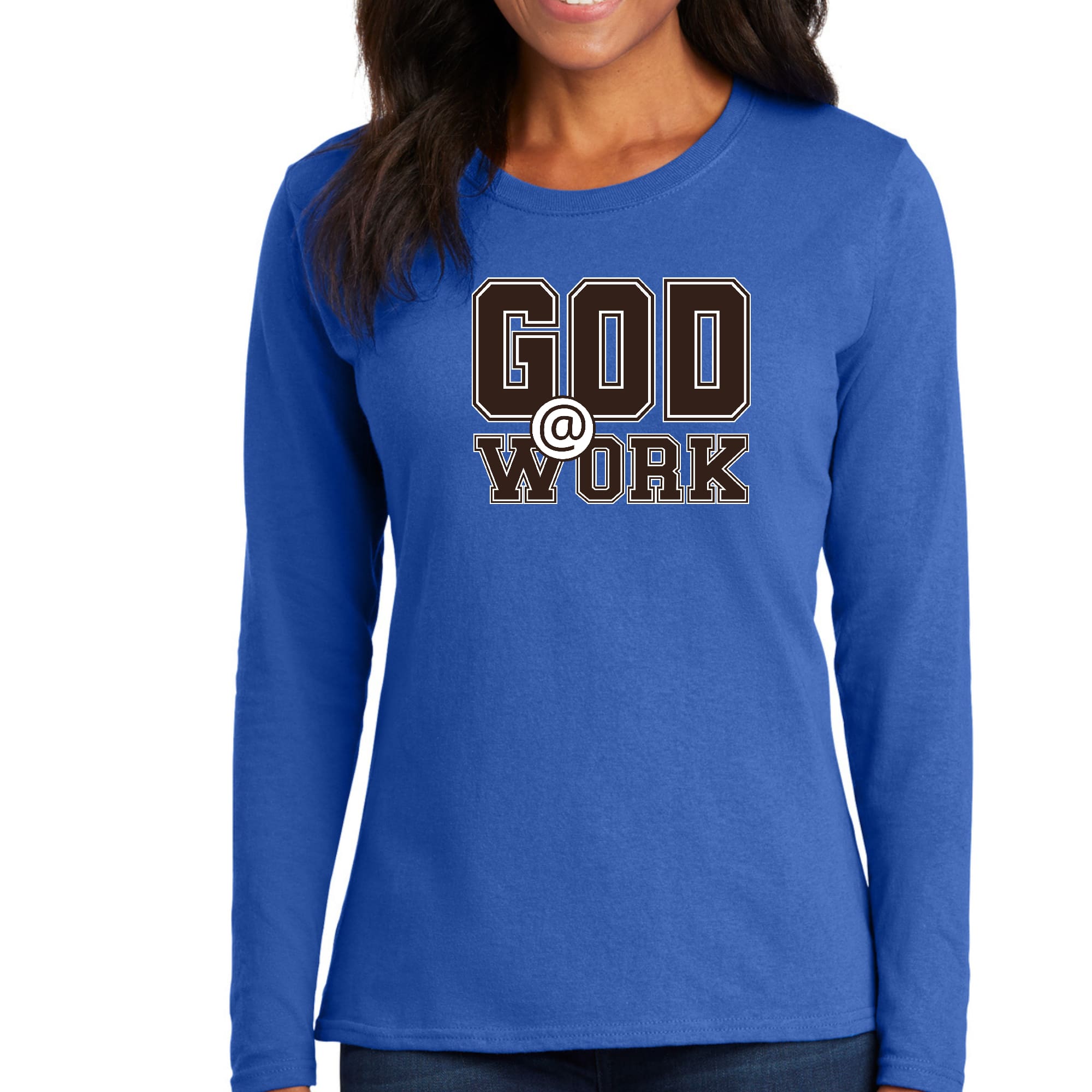 Womens Long Sleeve Graphic T-shirt, God @ Work Brown and White Print-5