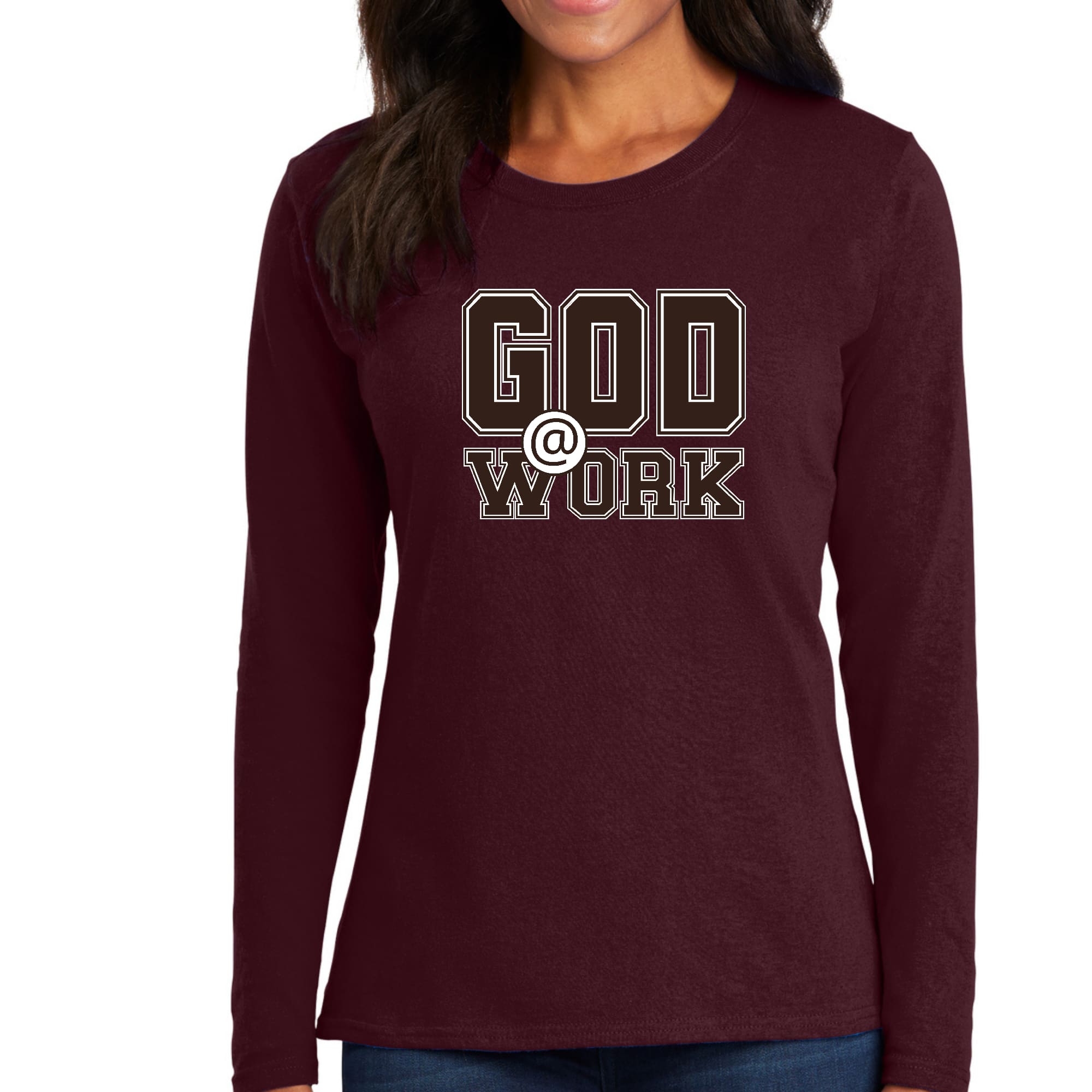 Womens Long Sleeve Graphic T-shirt, God @ Work Brown and White Print-7