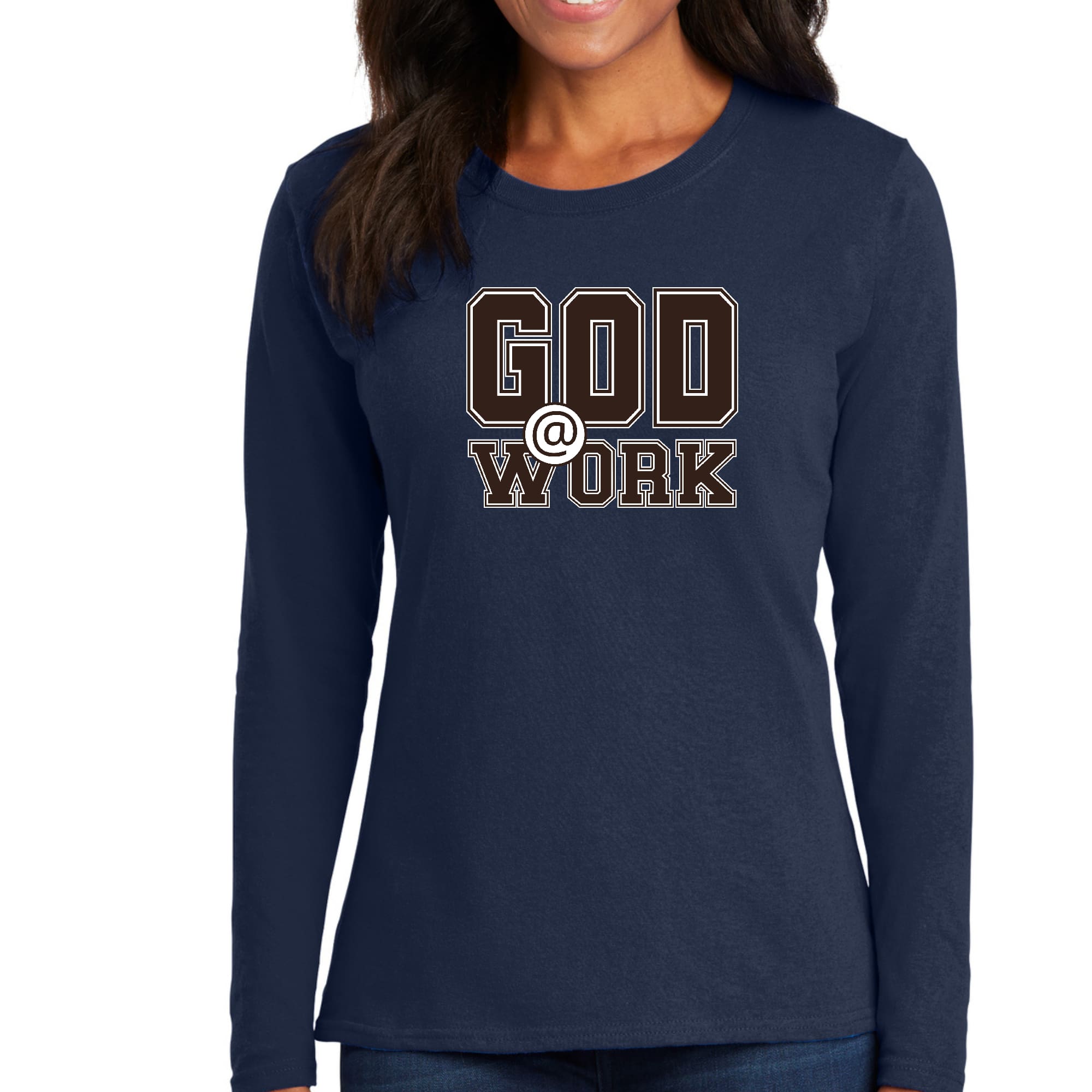 Womens Long Sleeve Graphic T-shirt, God @ Work Brown and White Print-4