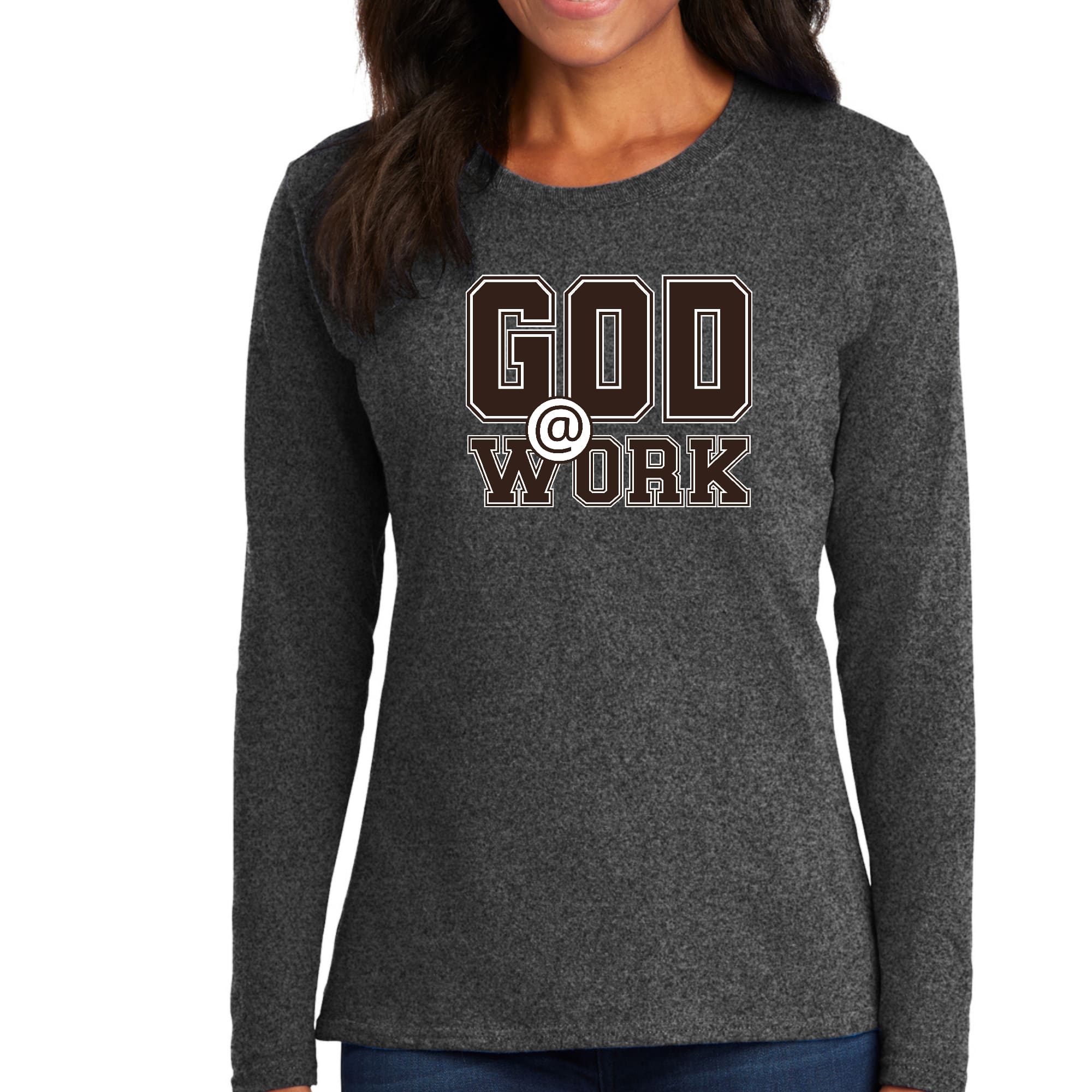 Womens Long Sleeve Graphic T-shirt, God @ Work Brown and White Print-6