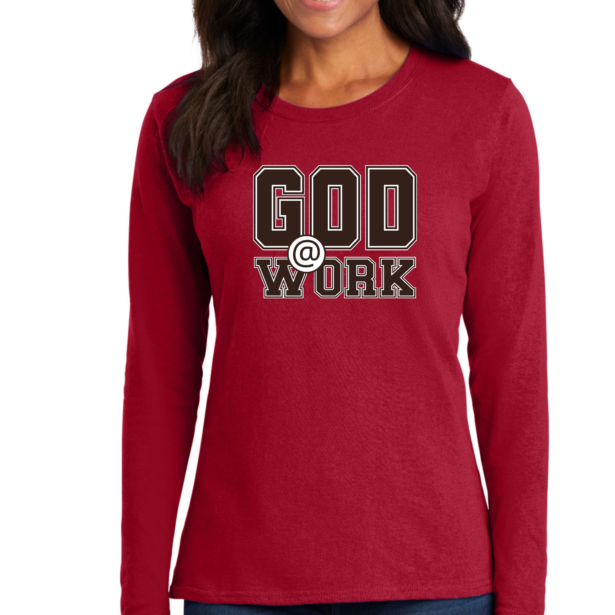 Womens Long Sleeve Graphic T-shirt, God @ Work Brown and White Print-3