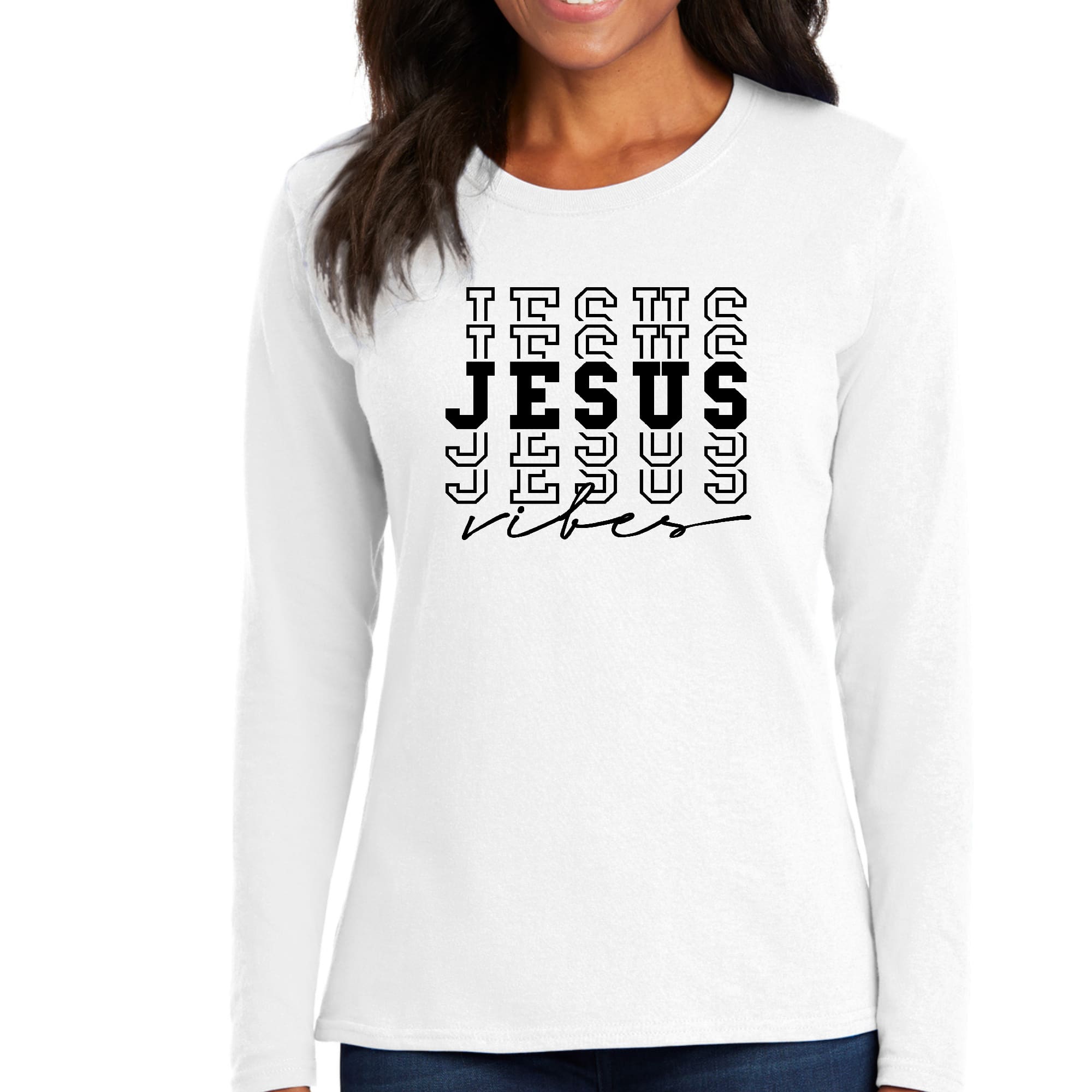 Womens Long Sleeve Graphic T-shirt, Jesus Vibes-0