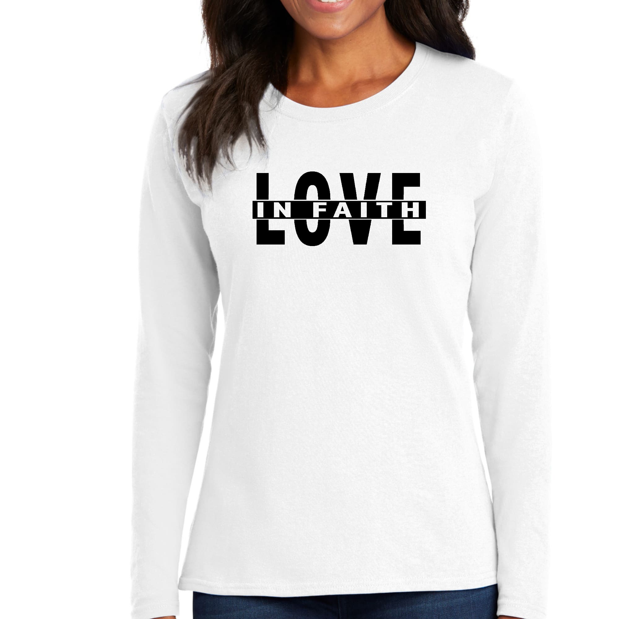 Womens Long Sleeve Graphic T-shirt, Love in Faith Black Illustration-0