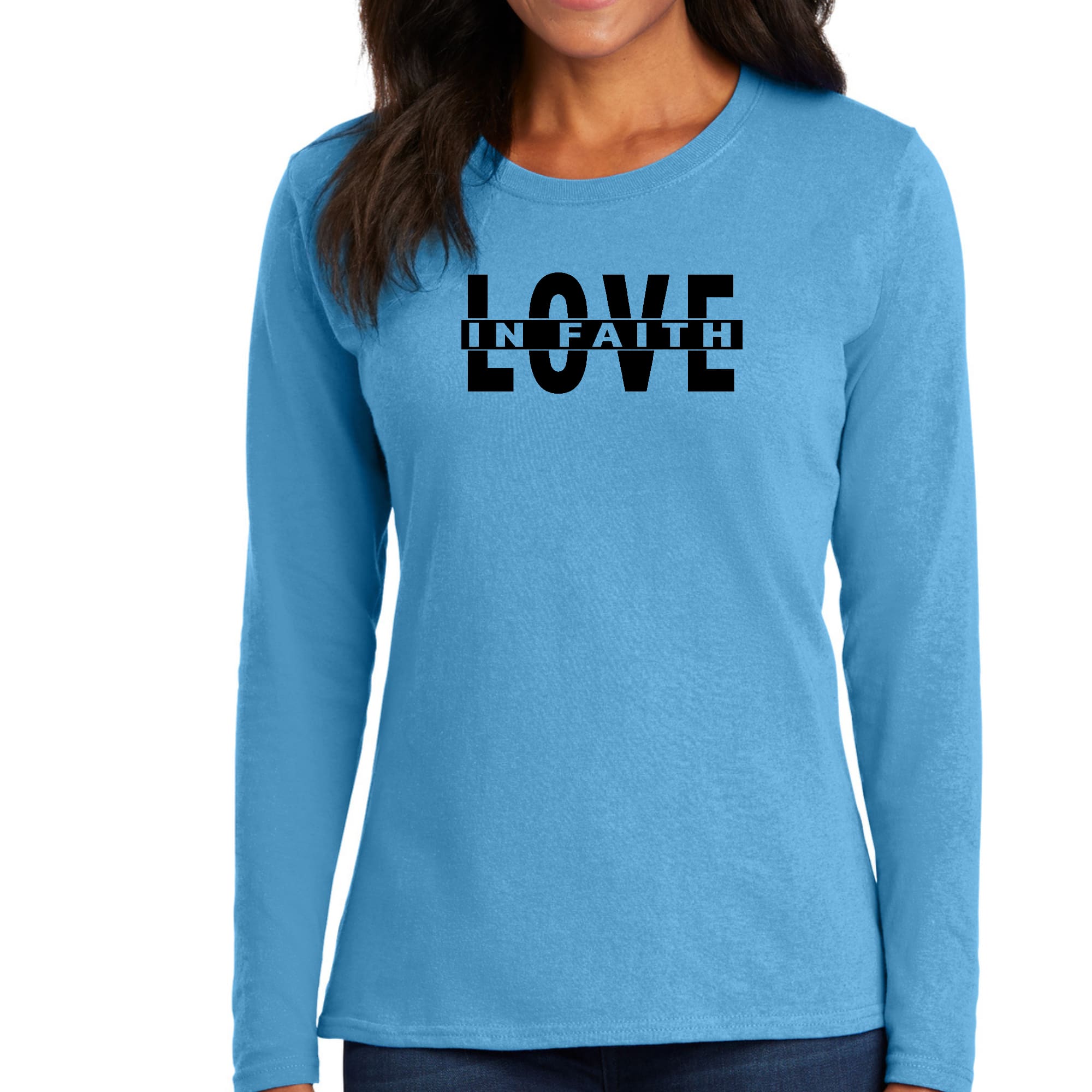 Womens Long Sleeve Graphic T-shirt, Love in Faith Black Illustration-3