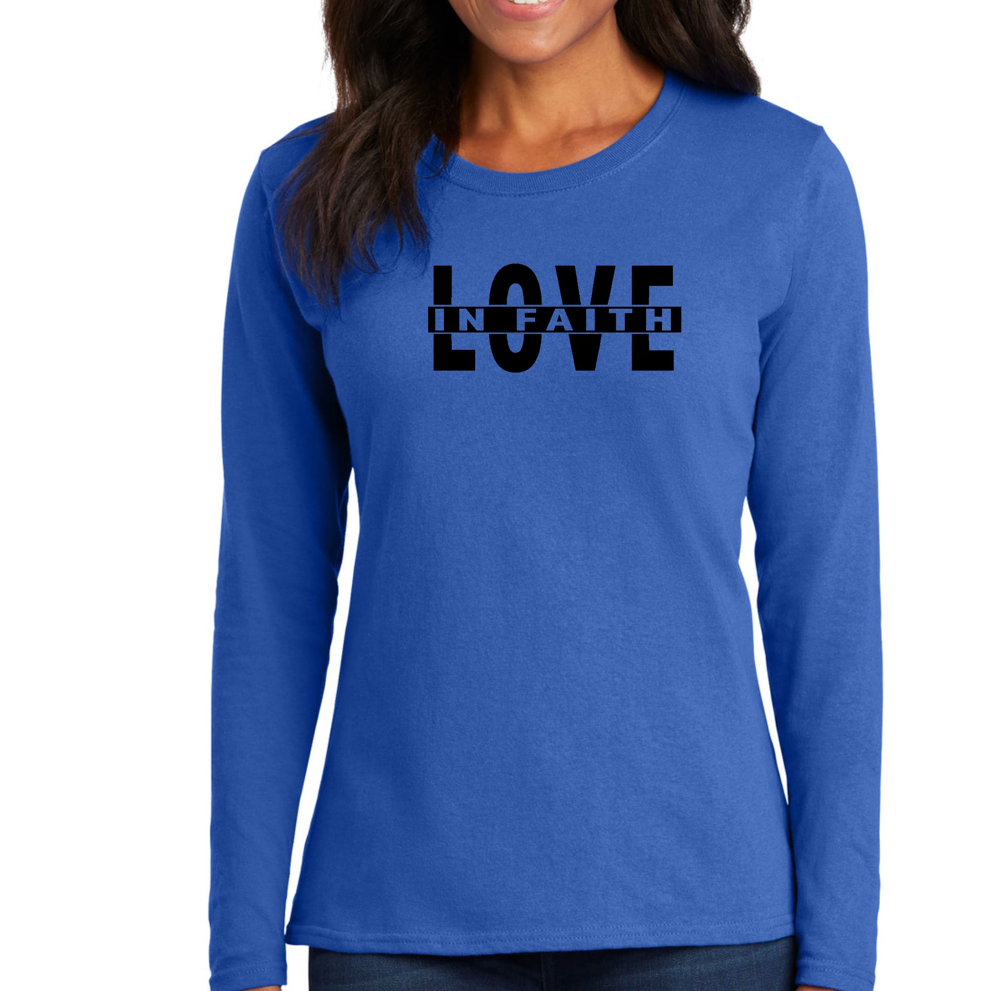 Womens Long Sleeve Graphic T-shirt, Love in Faith Black Illustration-2