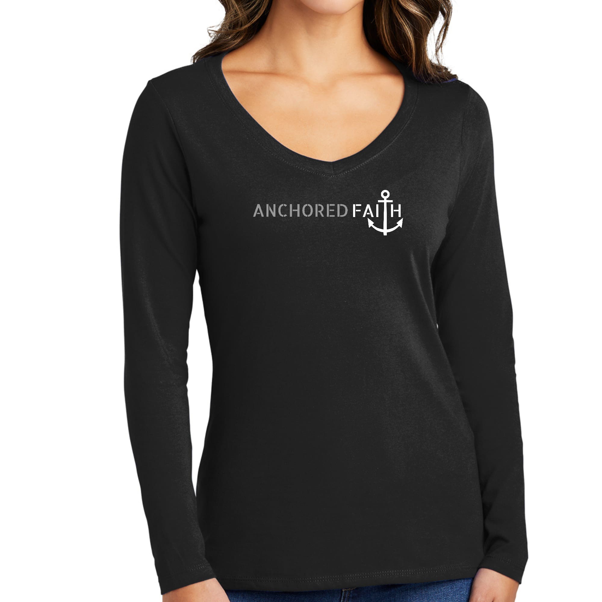 Womens Long Sleeve V-neck Graphic T-shirt, Anchored Faith Grey-0