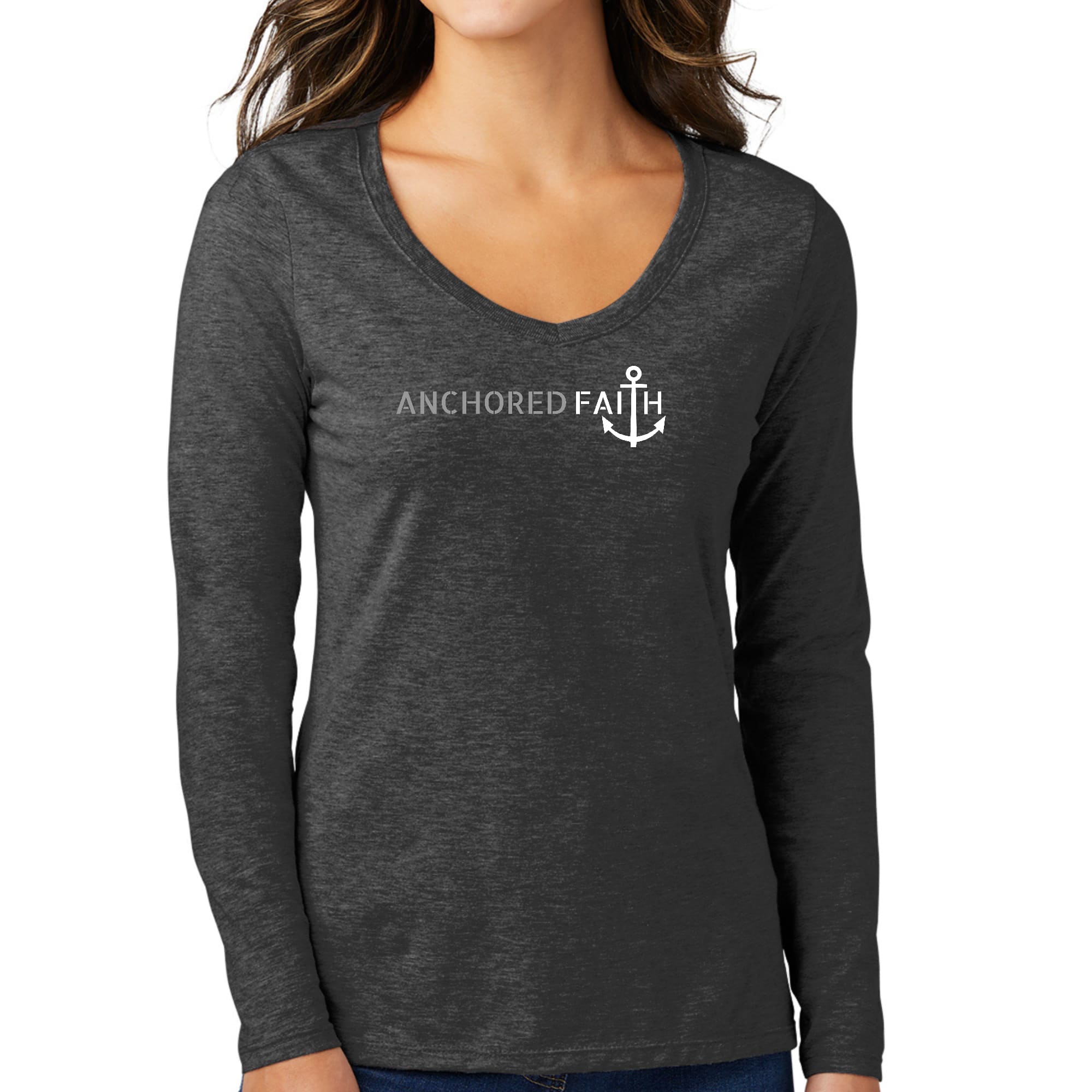 Womens Long Sleeve V-neck Graphic T-shirt, Anchored Faith Grey-3