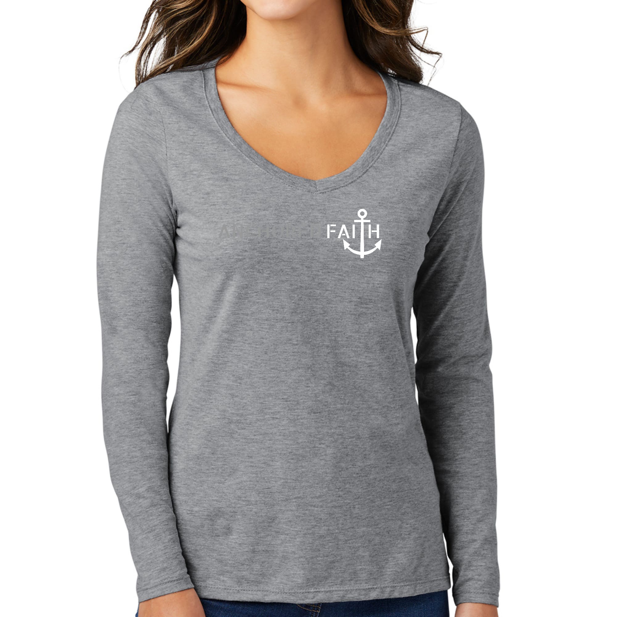 Womens Long Sleeve V-neck Graphic T-shirt, Anchored Faith Grey-4