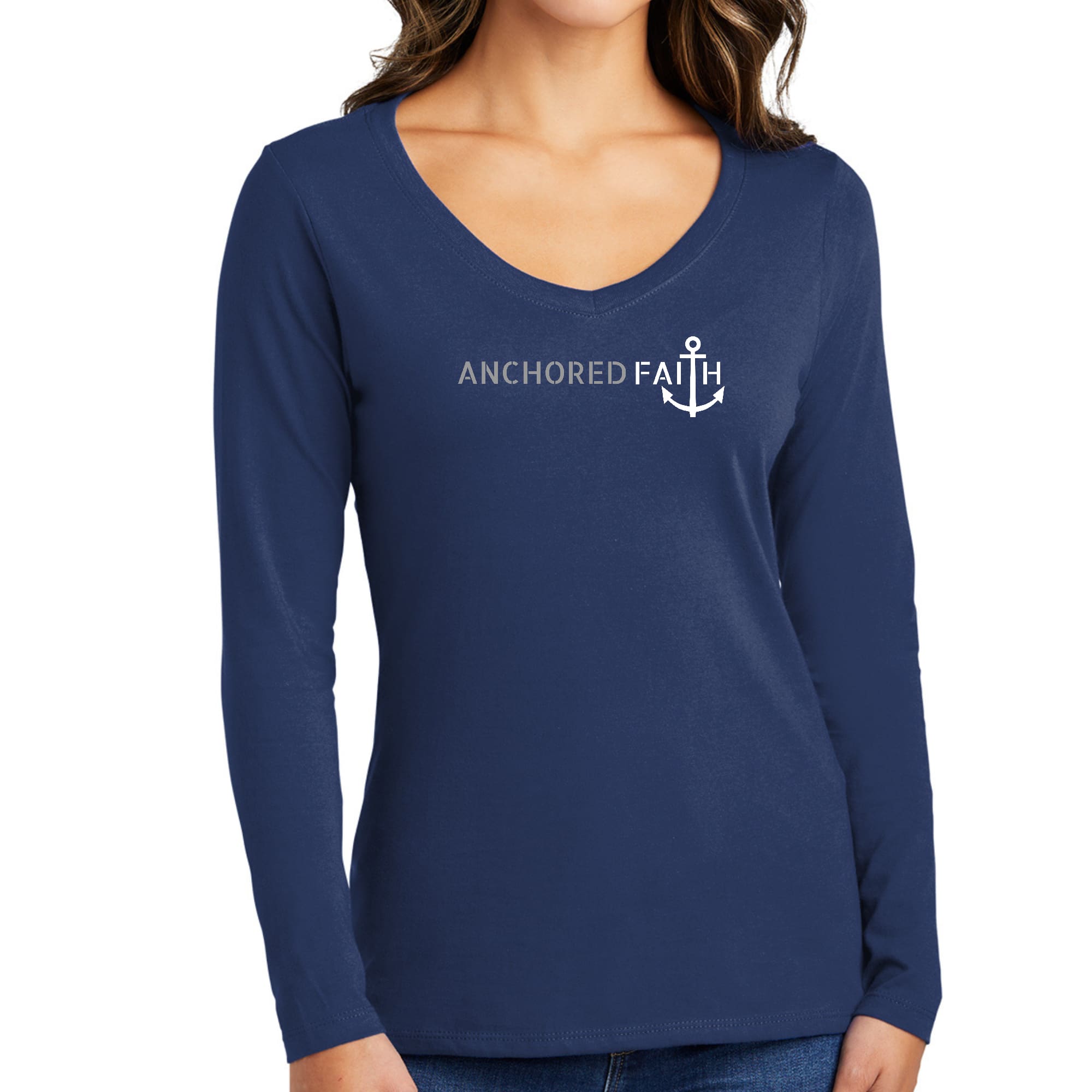 Womens Long Sleeve V-neck Graphic T-shirt, Anchored Faith Grey-1