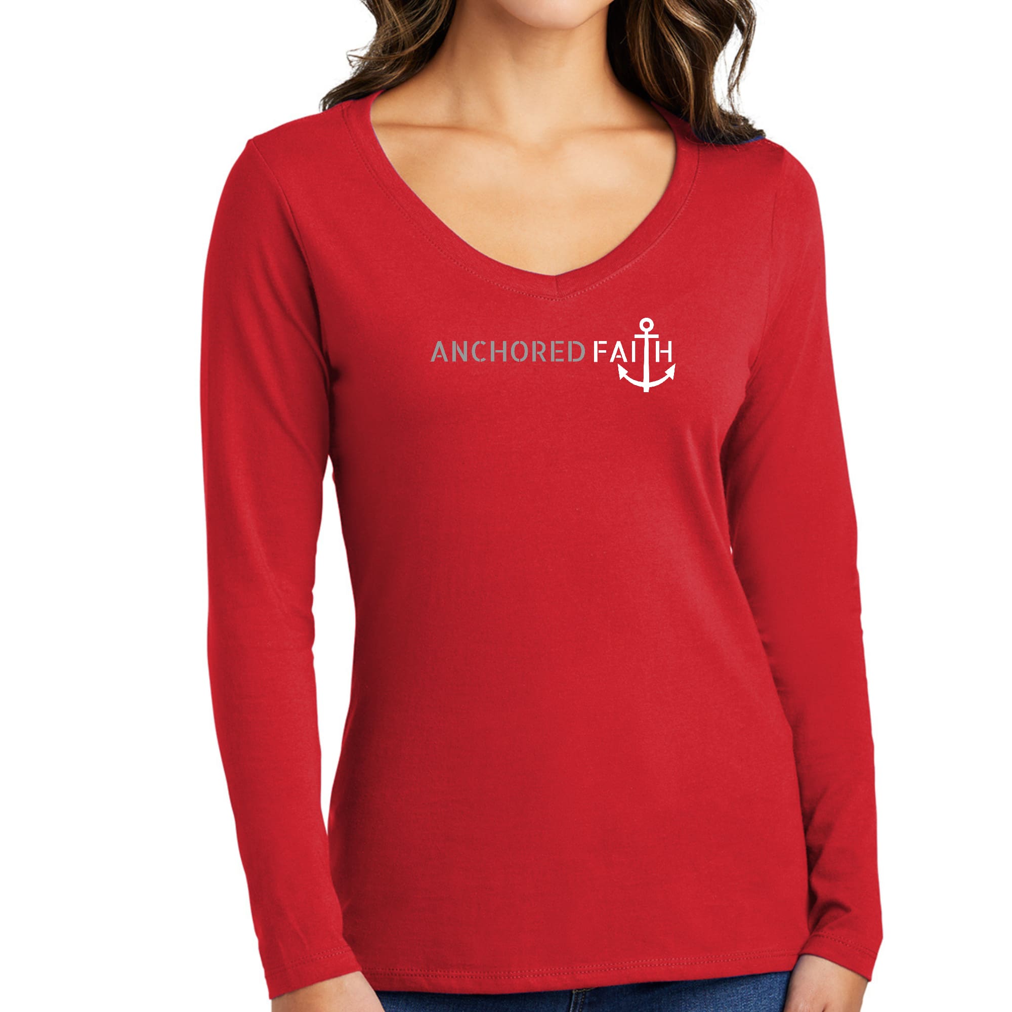 Womens Long Sleeve V-neck Graphic T-shirt, Anchored Faith Grey-2