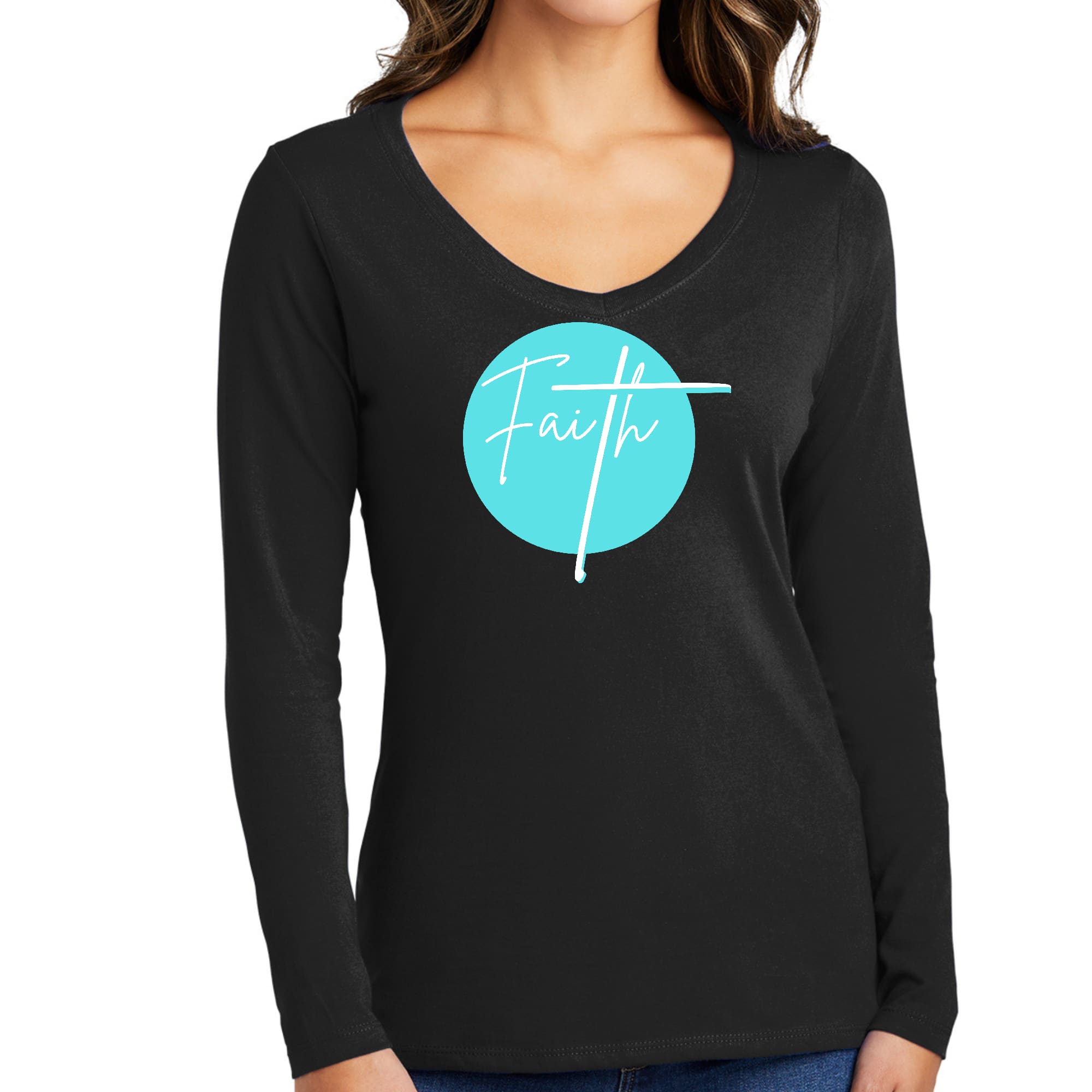 Womens Long Sleeve V-neck Graphic T-shirt, Faith - Christian-0