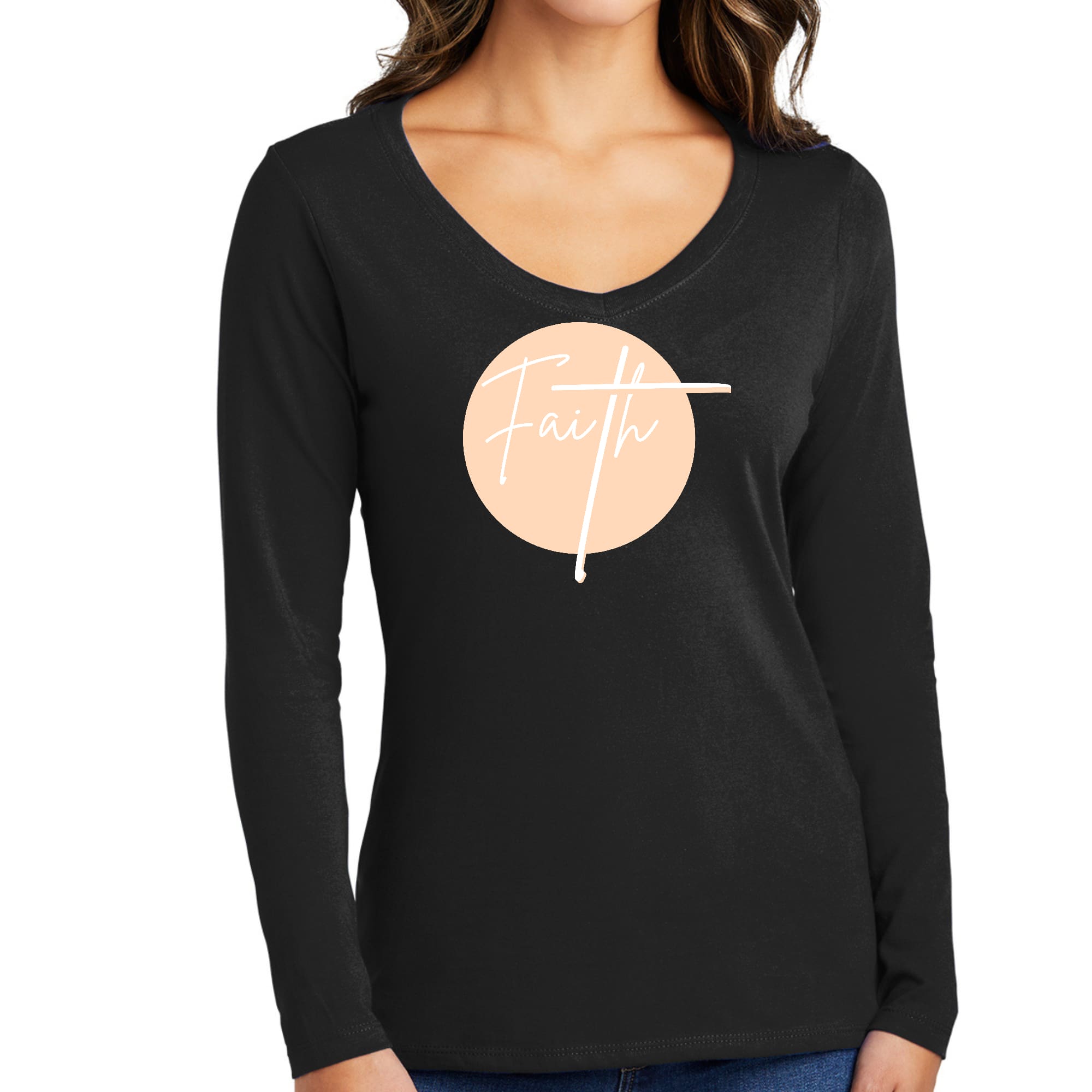 Womens Long Sleeve V-neck Graphic T-shirt, Faith - Christian-0