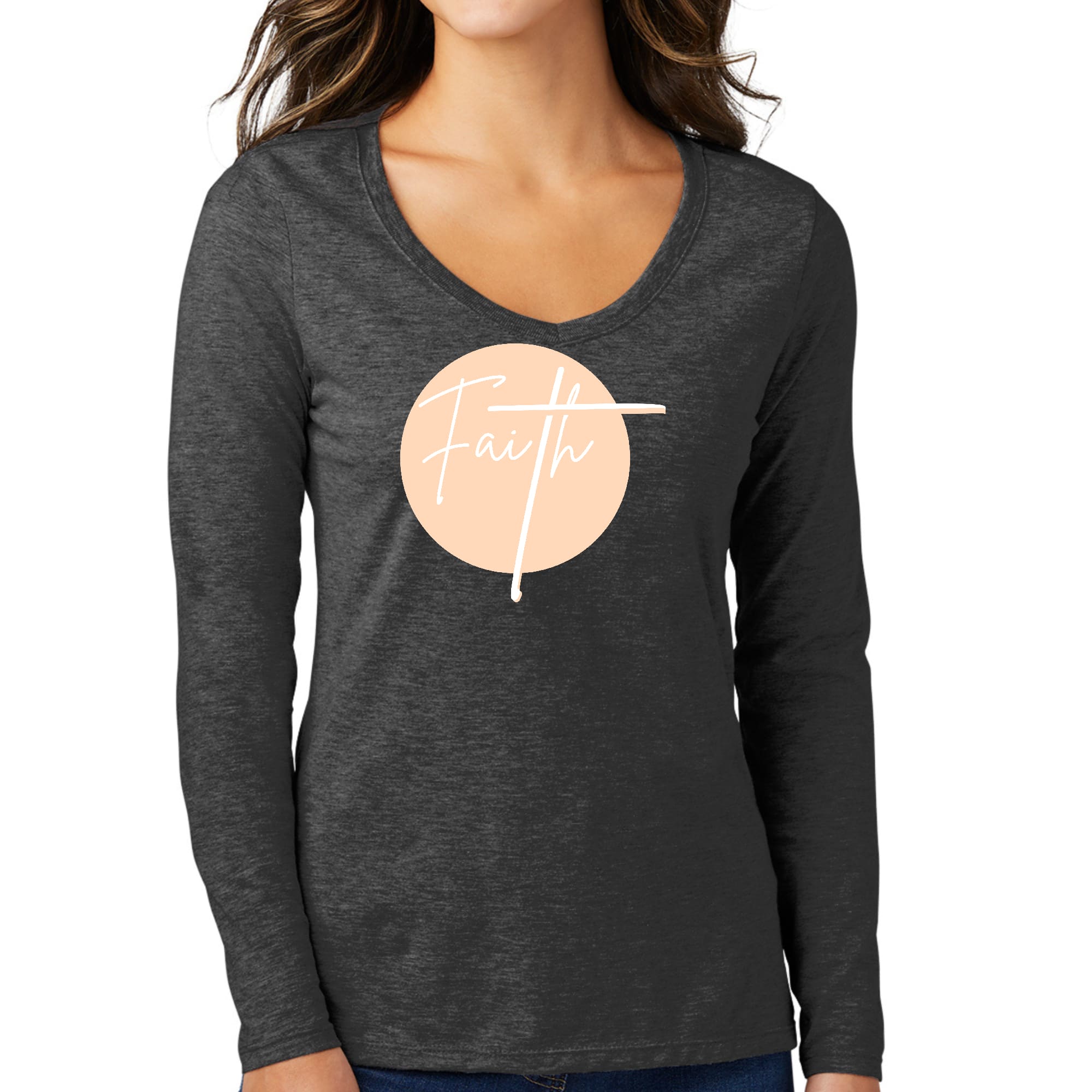 Womens Long Sleeve V-neck Graphic T-shirt, Faith - Christian-3