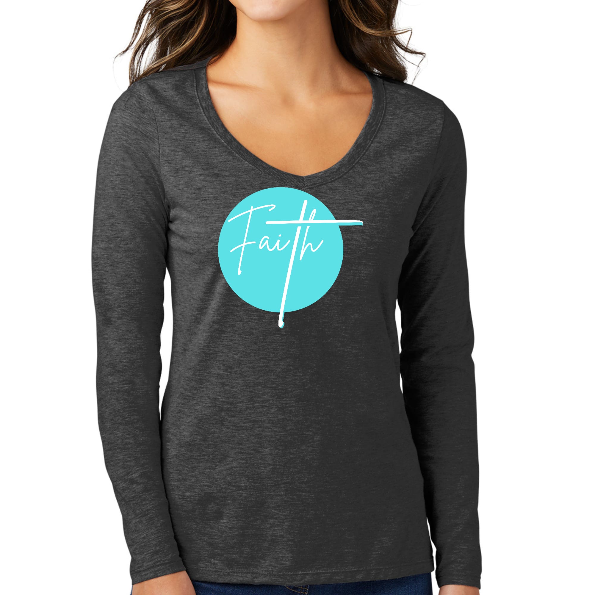 Womens Long Sleeve V-neck Graphic T-shirt, Faith - Christian-3