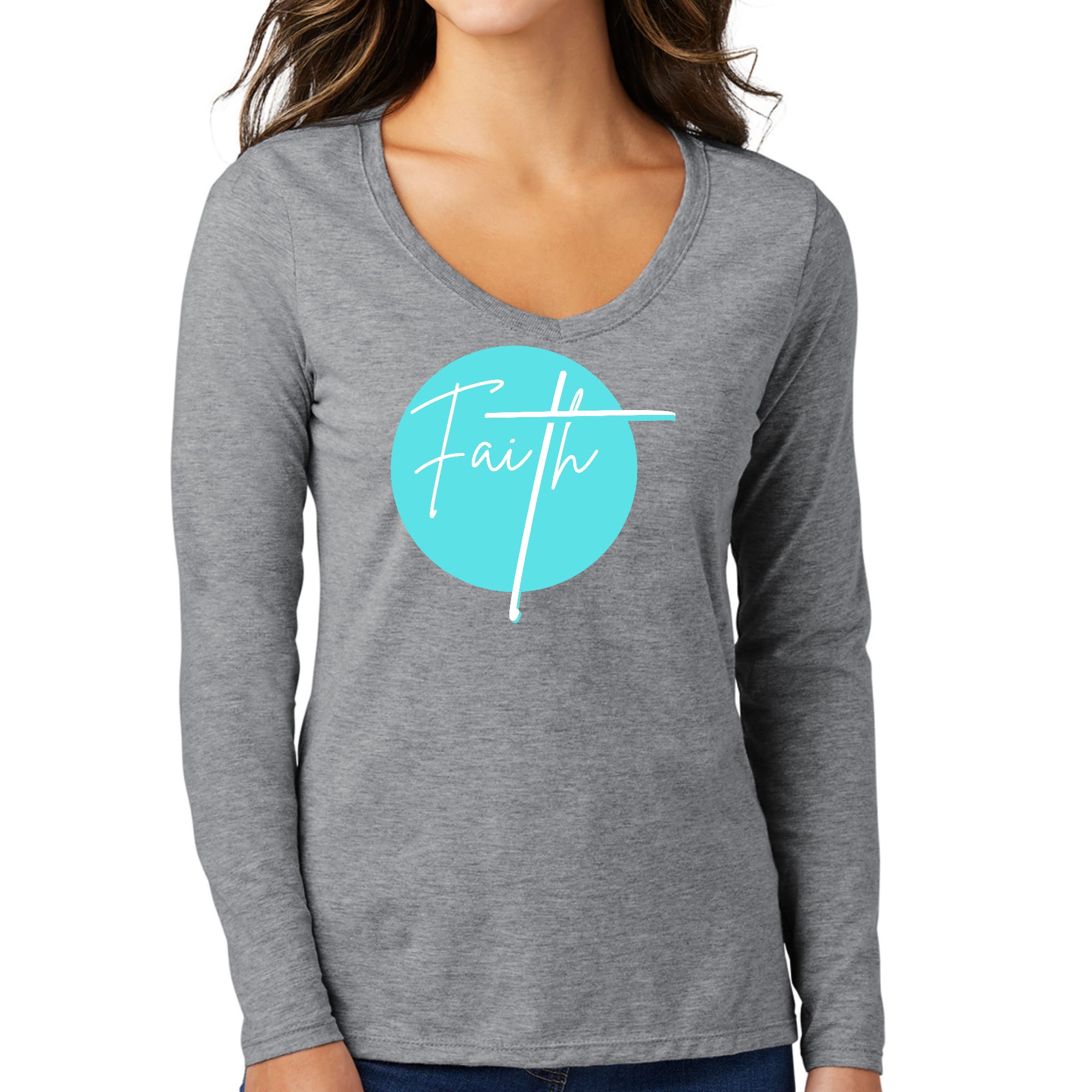 Womens Long Sleeve V-neck Graphic T-shirt, Faith - Christian-4