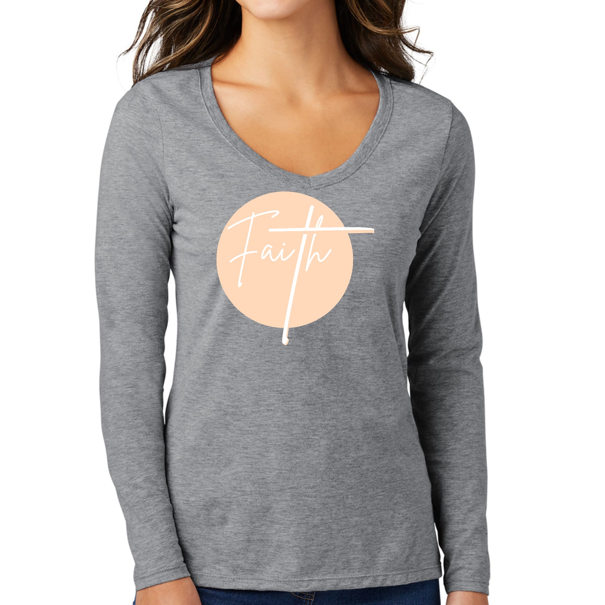 Womens Long Sleeve V-neck Graphic T-shirt, Faith - Christian-4