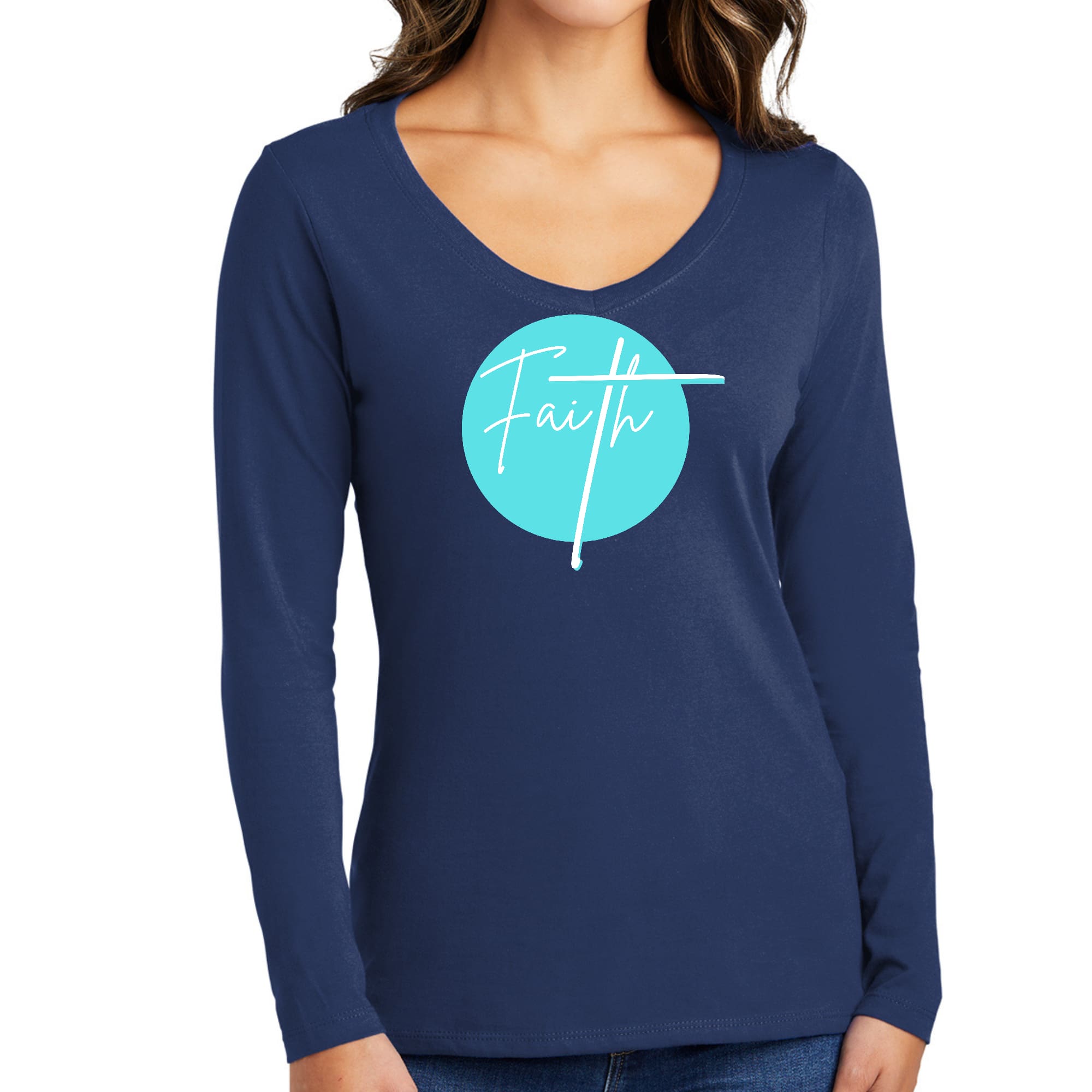 Womens Long Sleeve V-neck Graphic T-shirt, Faith - Christian-1