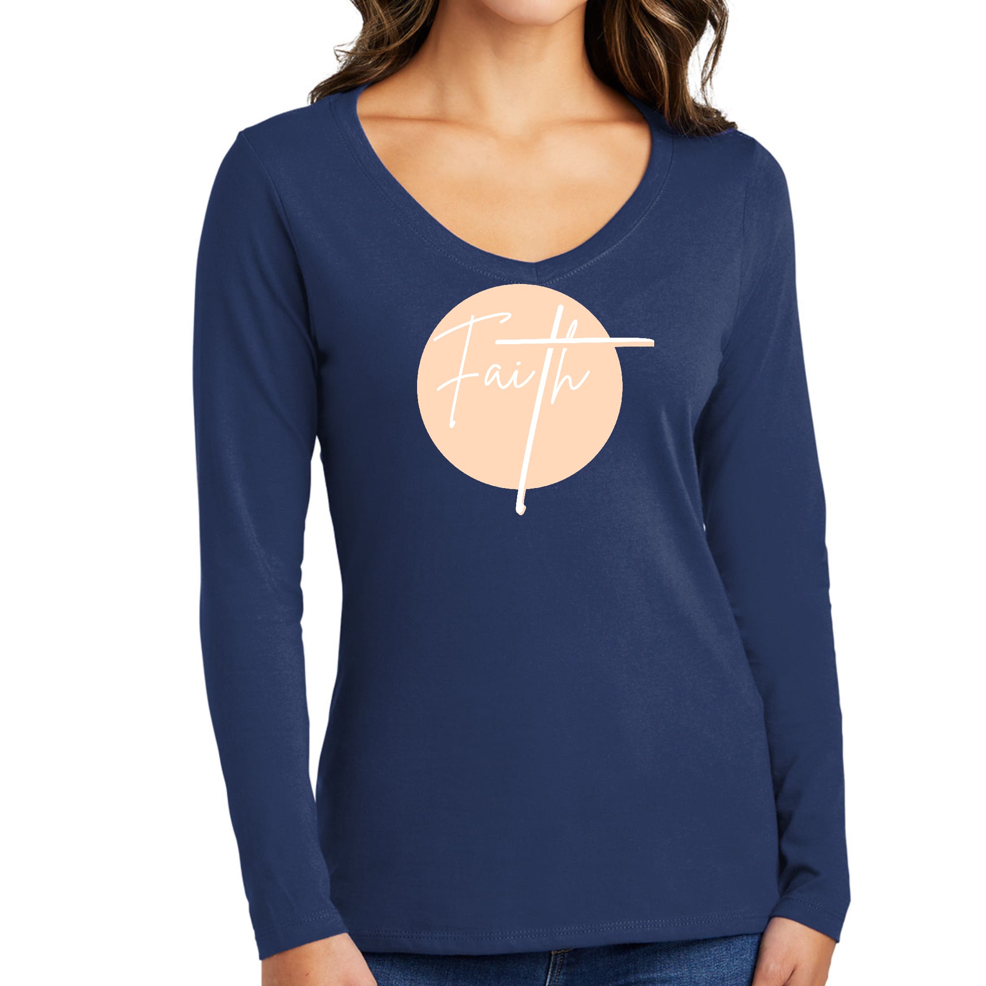 Womens Long Sleeve V-neck Graphic T-shirt, Faith - Christian-1