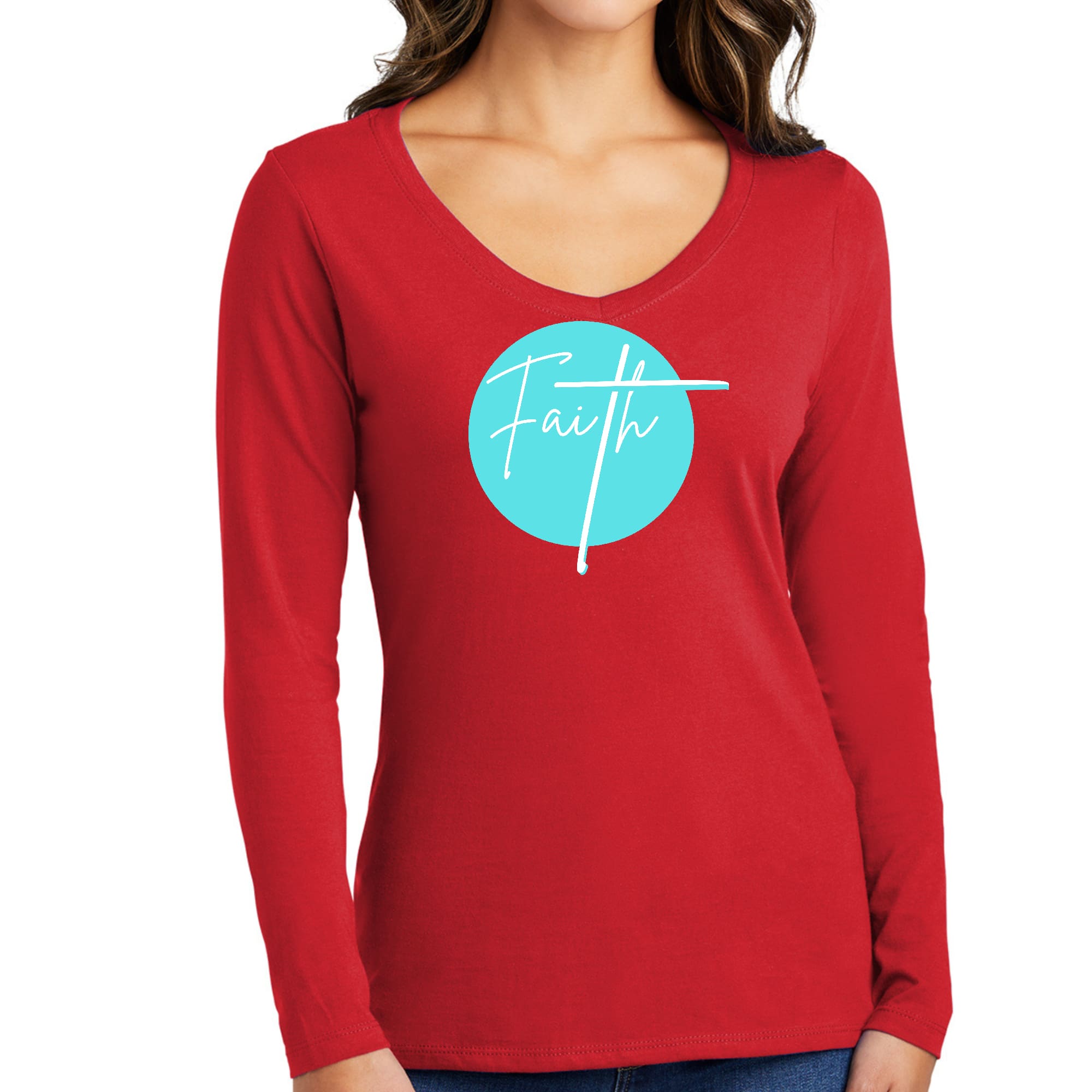 Womens Long Sleeve V-neck Graphic T-shirt, Faith - Christian-2