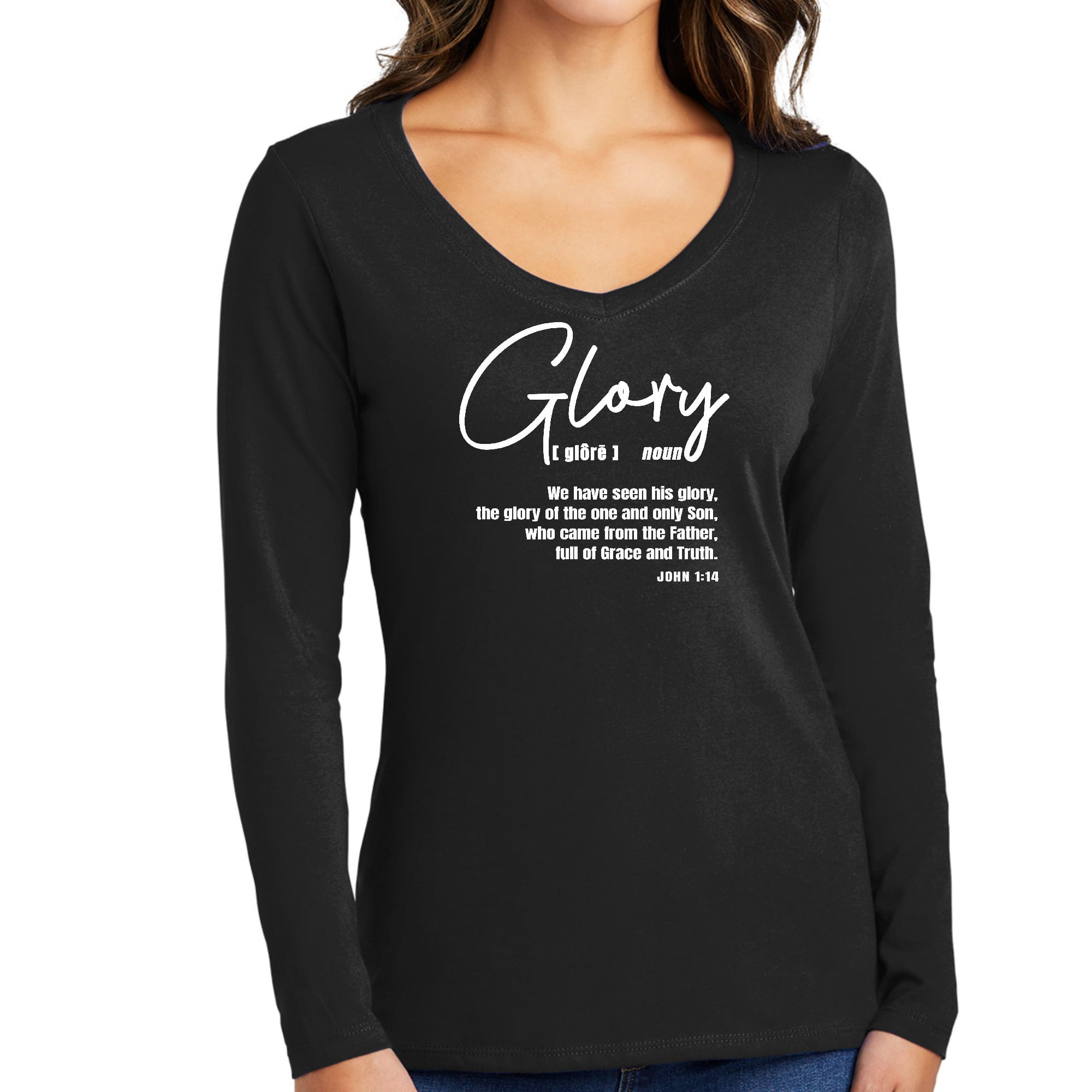 Womens Long Sleeve V-neck Graphic T-shirt, Glory - Christian-0