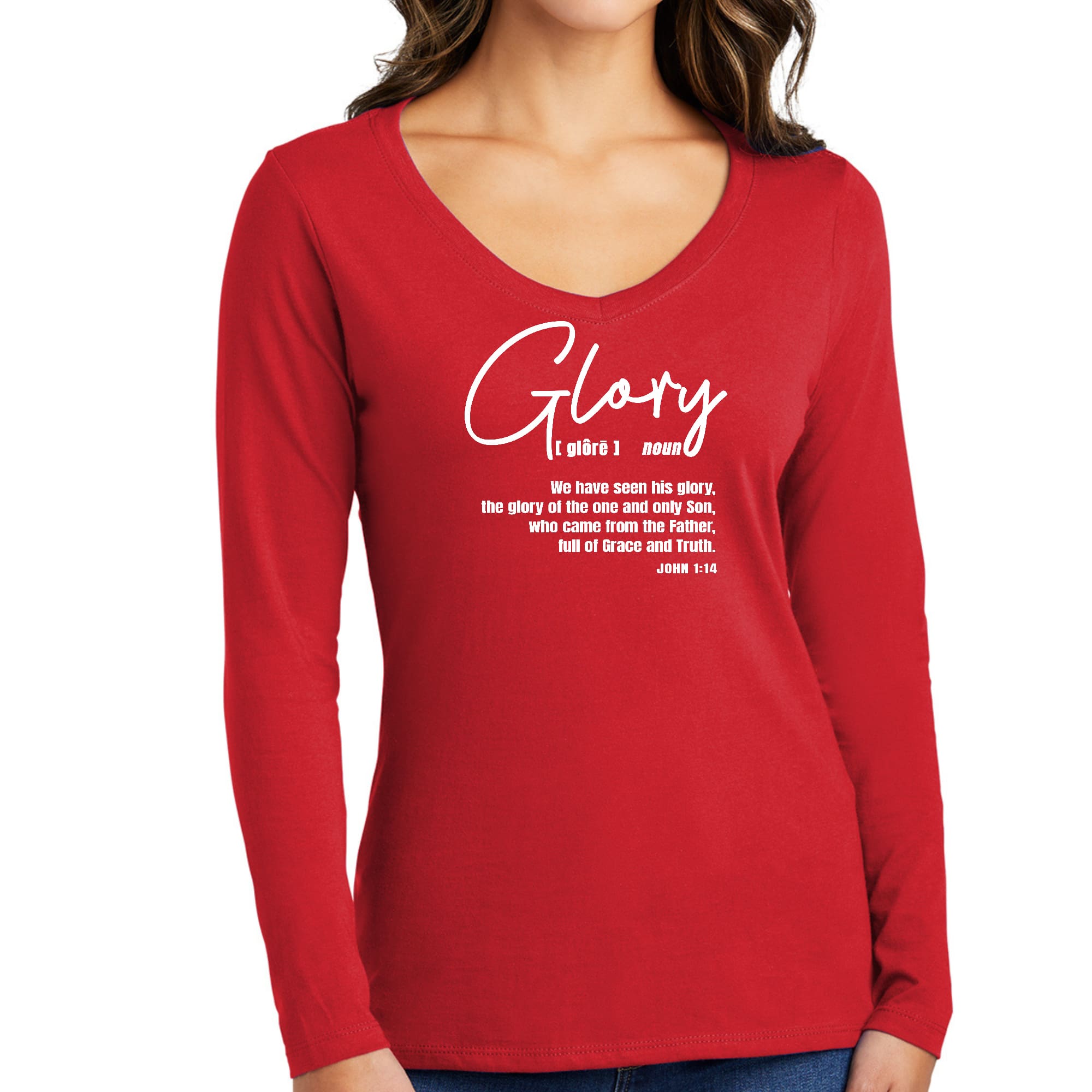 Womens Long Sleeve V-neck Graphic T-shirt, Glory - Christian-2