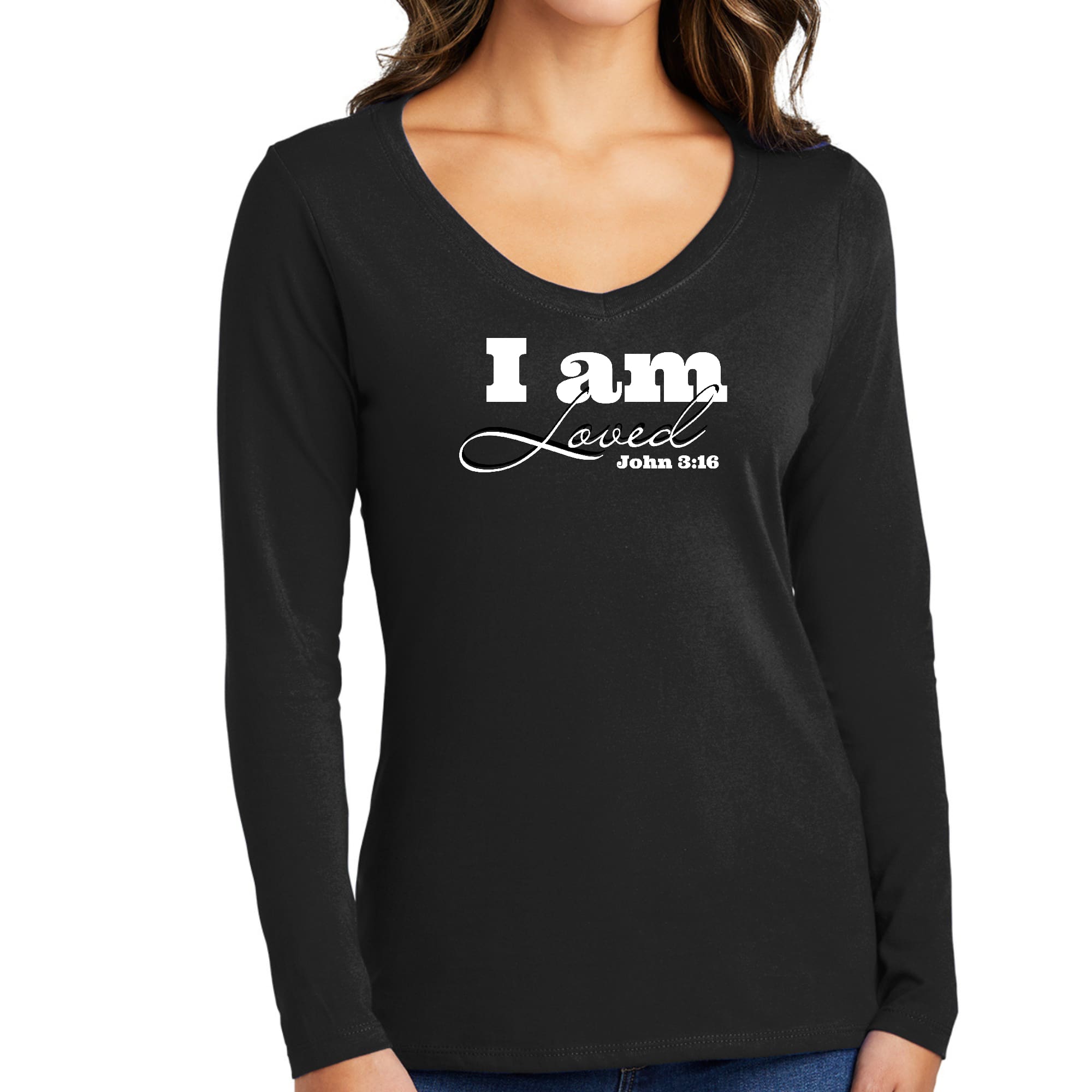 Womens Long Sleeve V-neck Graphic T-shirt, i am Loved - John 3:16-0