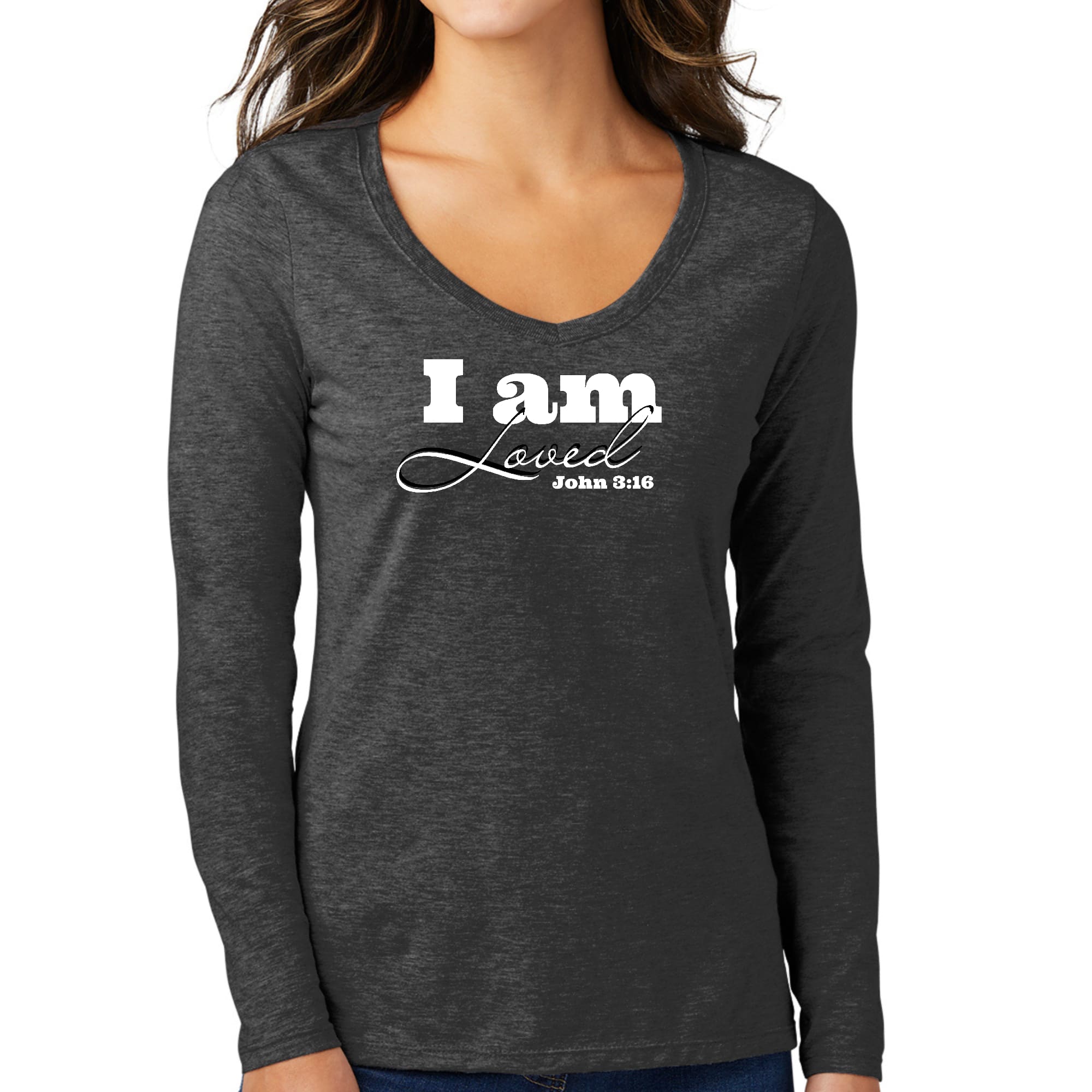 Womens Long Sleeve V-neck Graphic T-shirt, i am Loved - John 3:16-3