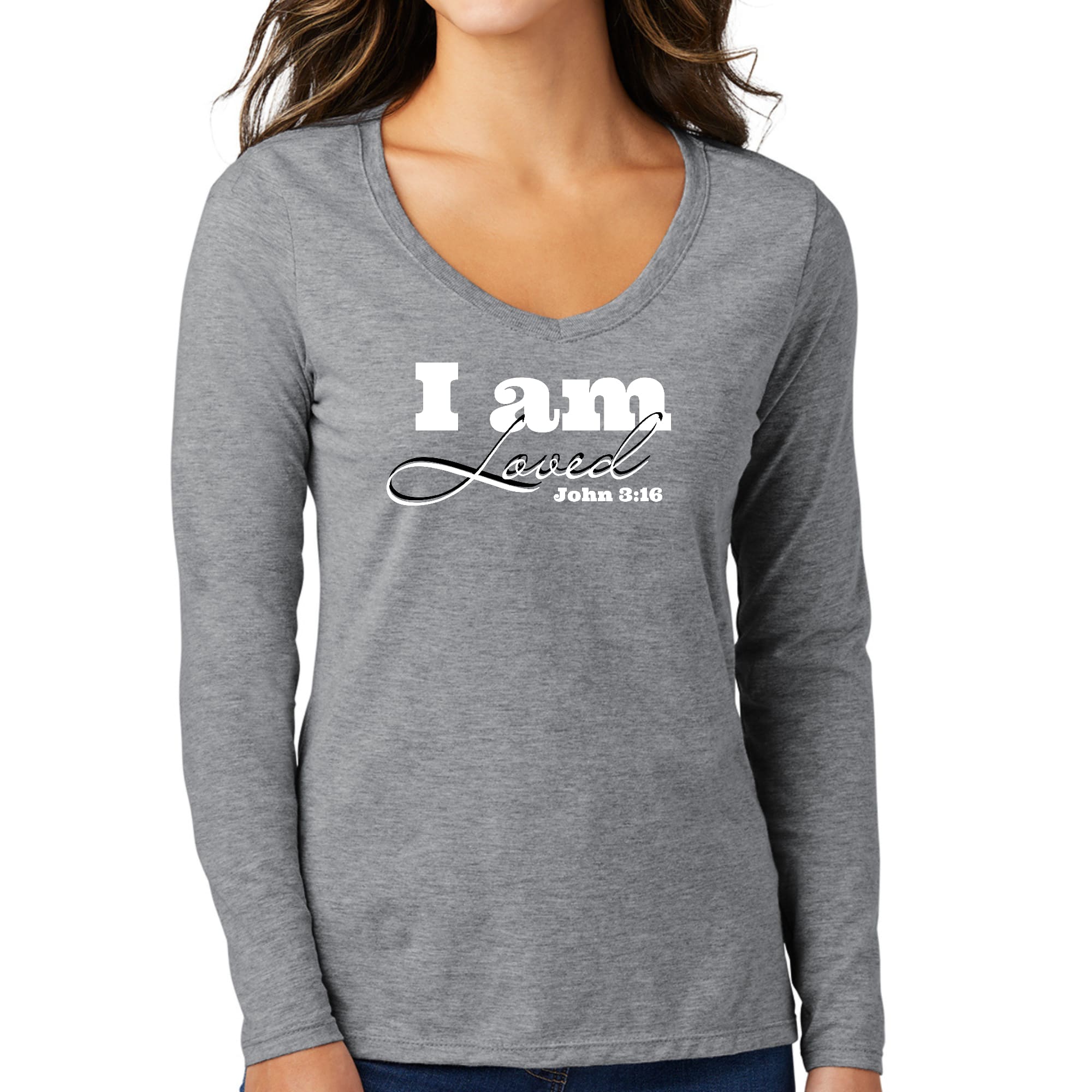 Womens Long Sleeve V-neck Graphic T-shirt, i am Loved - John 3:16-4